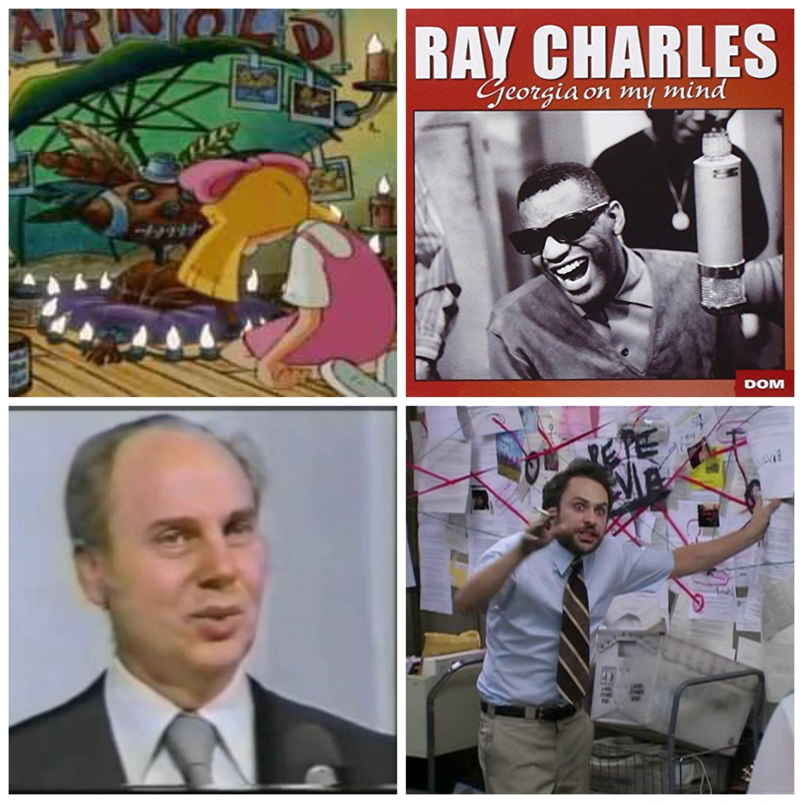 Helga Pataky worshipping a shrine of Arnold, Ray Charles's "Georgia On My Mind," John Daker, and Charlie from Always Sunny's conspiracy board. This will all make sense when you listen to this week's episode of Jumping The Shuttle.