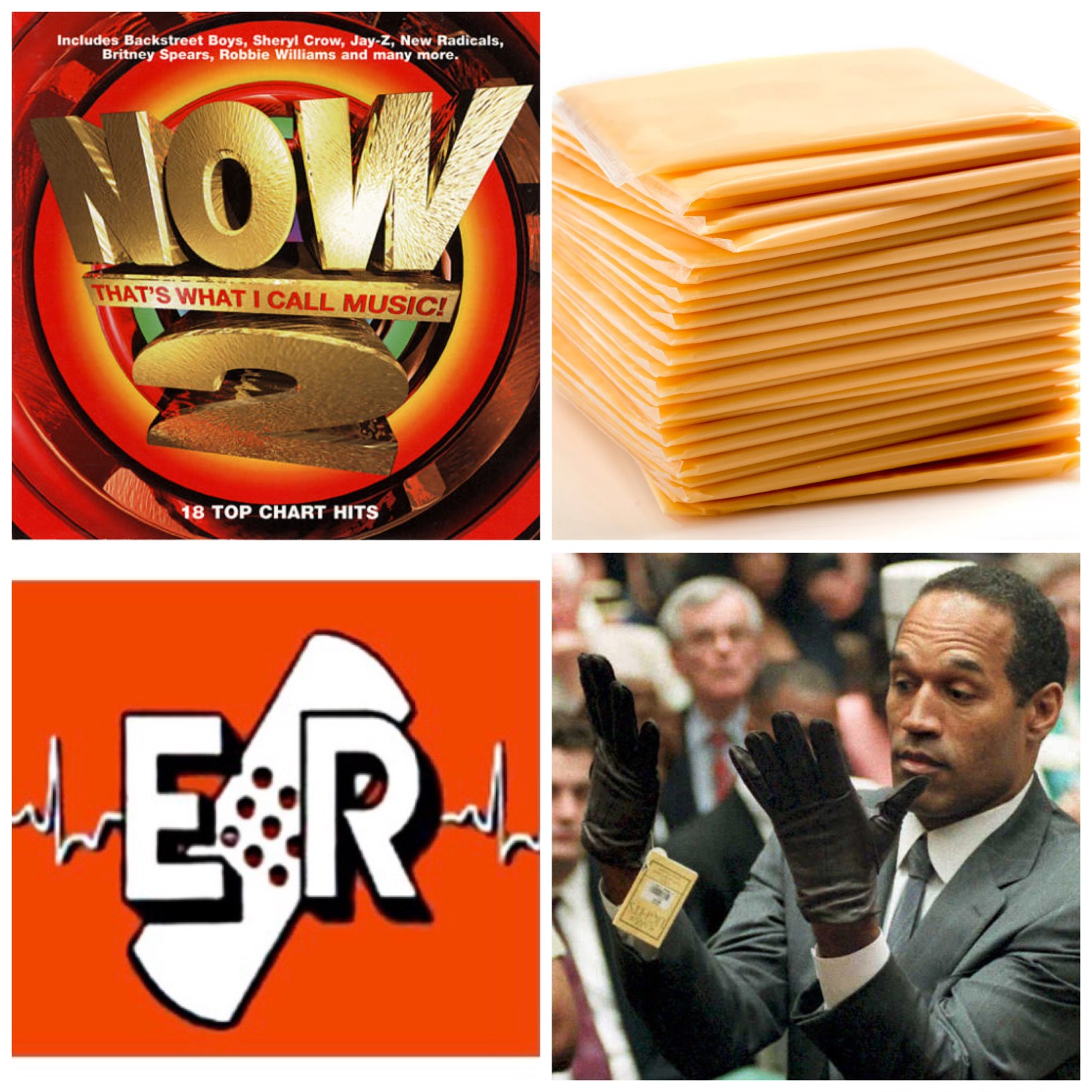 Now That's What I Call Music Volume 2. Kraft Singles. The logo for the show E/R, but not the one you're thinking of. And O.J. Simpson trying on gloves at his murder trial. All this will make sense when you listen to our podcast about Episode 206 of Family Matters.