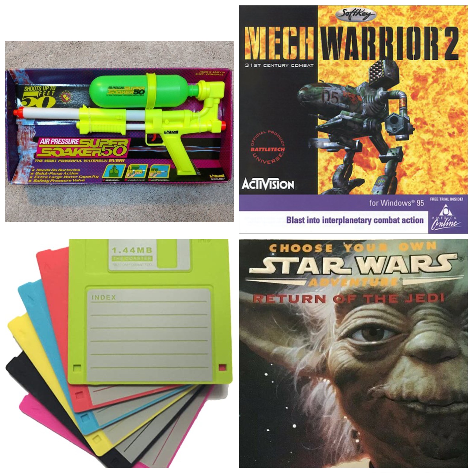 A Super Soaker, CD art for MechWarrior 2, floppy disks, and Return Of The Jedi Choose-Your-Own-Adventure book. All this will make sense when you listen to this week's episode.