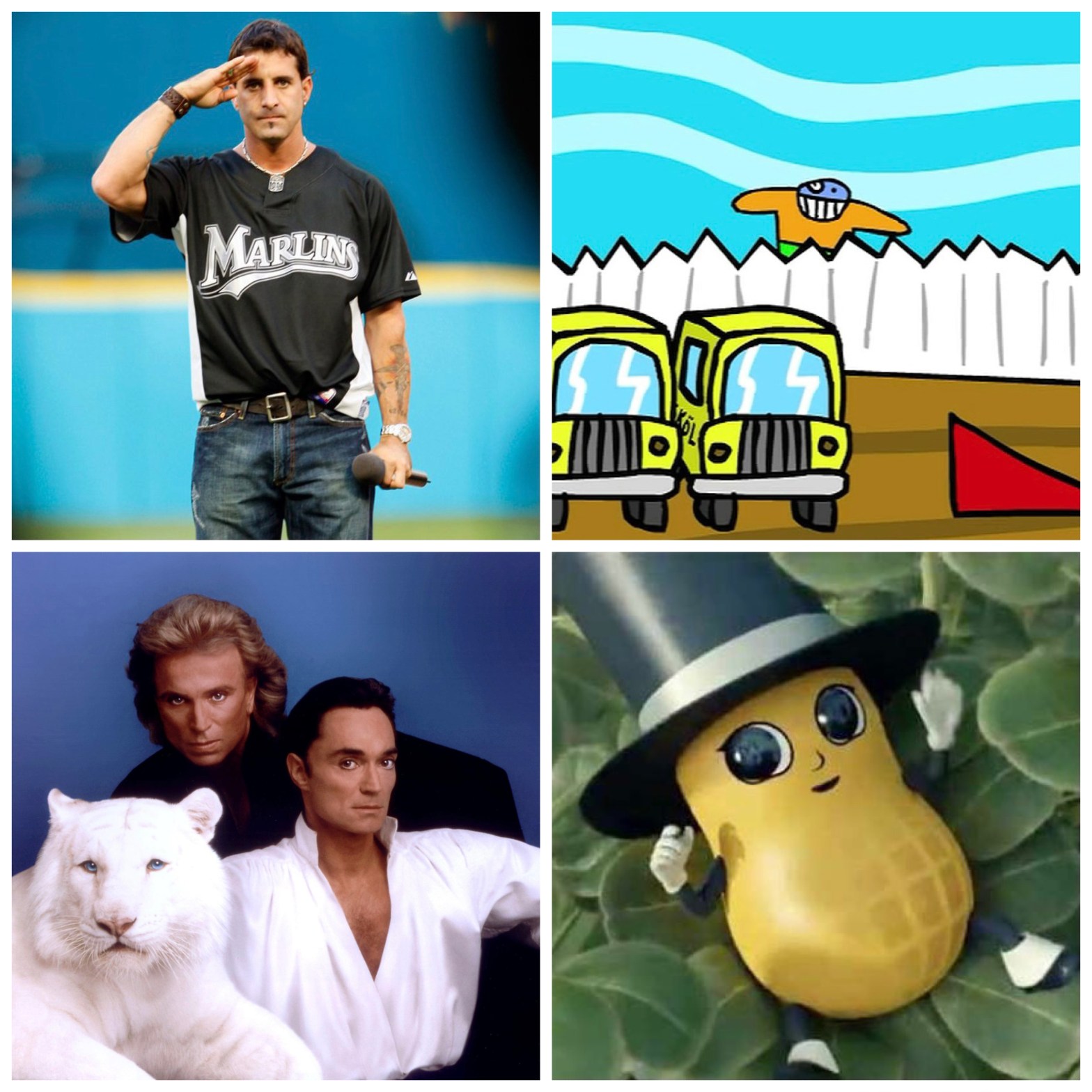 Scott Stapp in Marlins gear. Bubs from HomestarRunner-dot-com with some buses. Siegfriend and Roy. And Mr. Peanut's demon child.