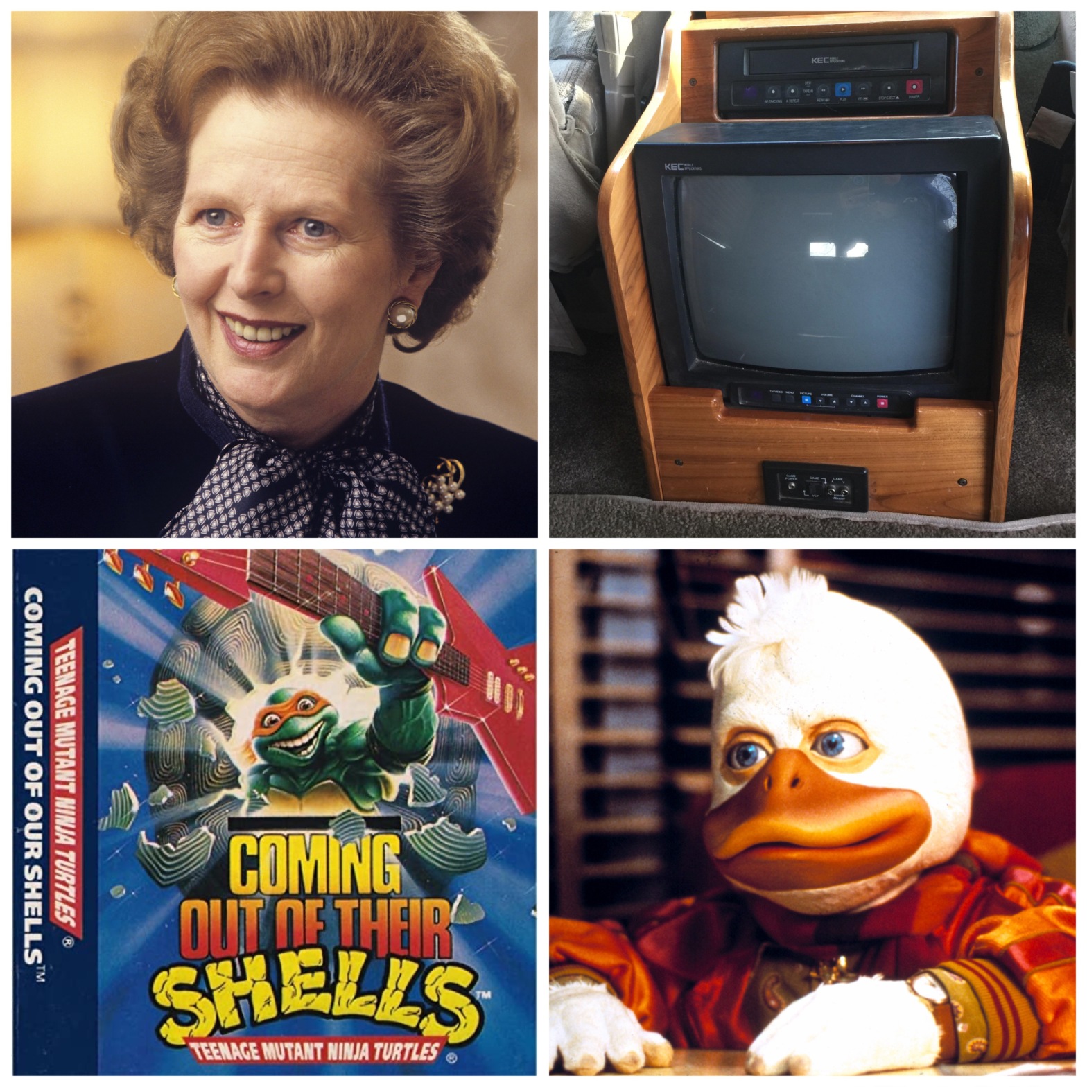 Margaret Thatcher, a Mini Van VHS player, Teenage Mutant Ninja Turtles Coming Out Of Their Shells, Howard The Duck.