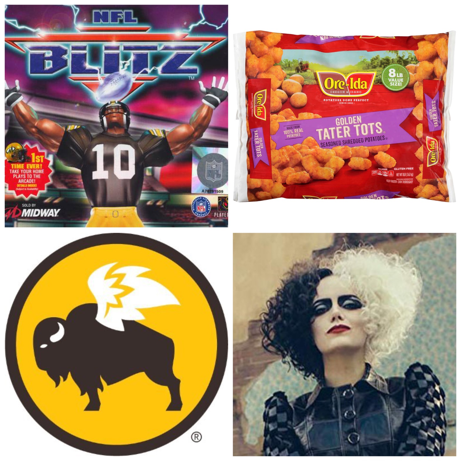 NFL Blitz, frozen tater tots, Buffalo Wild Wings, and Emma Stone's Cruella.