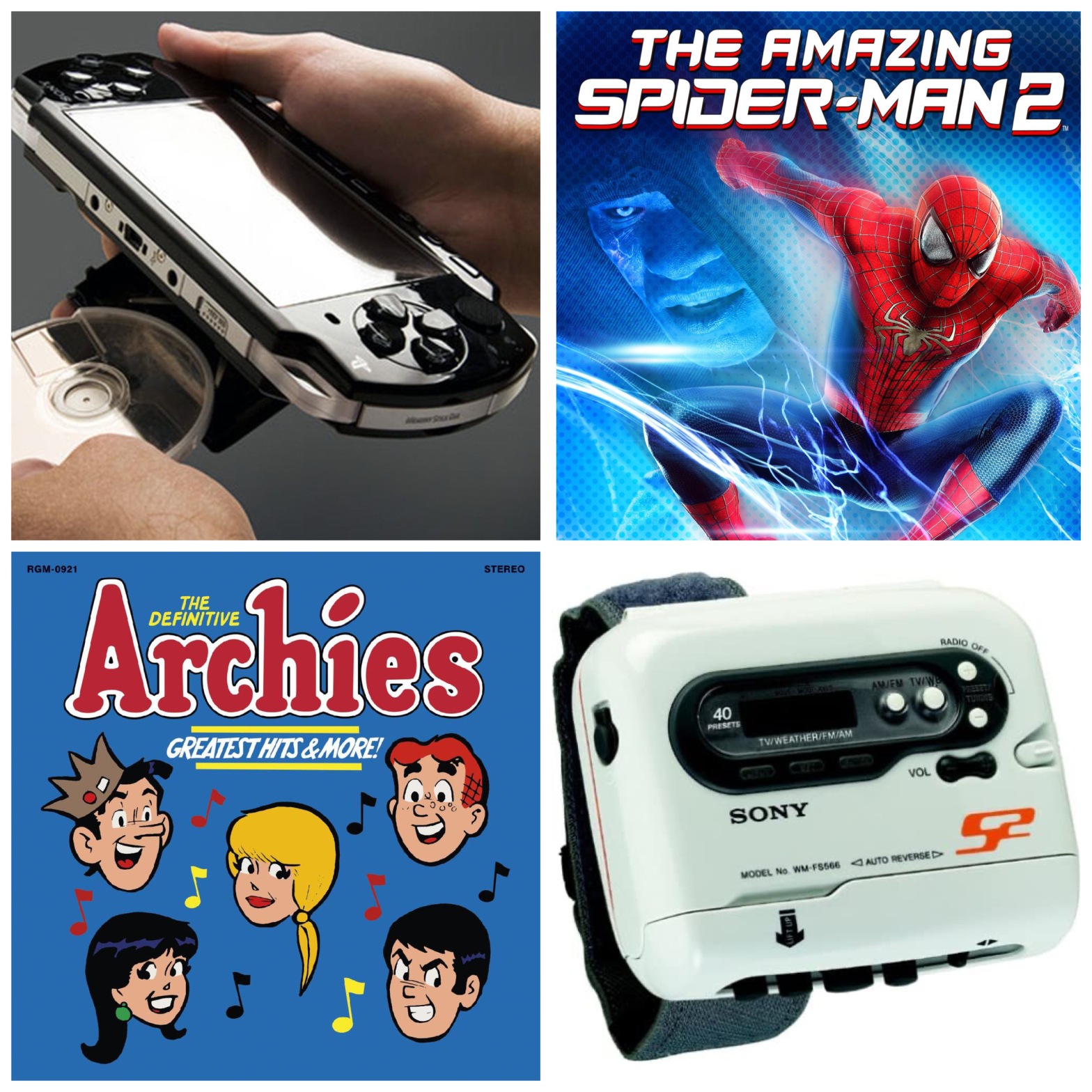 A Sony PSP, The Amazing Spider-Man 2, The Archies, and a Sony Walkman.
