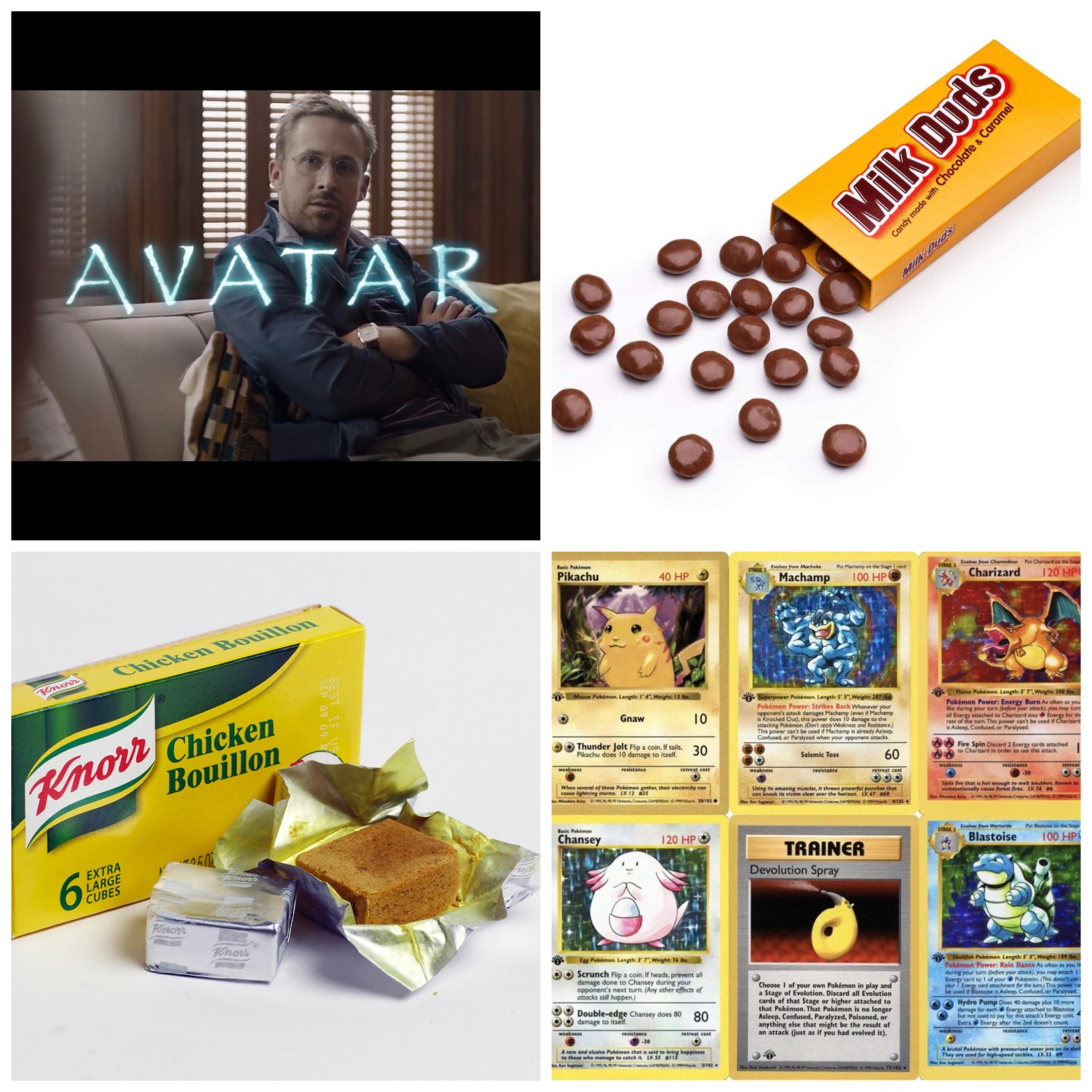 Ryan Gosling in the Avatar Papyrus SNL sketch, Milk Duds, bouillon cubes, and Pokemon cards.
