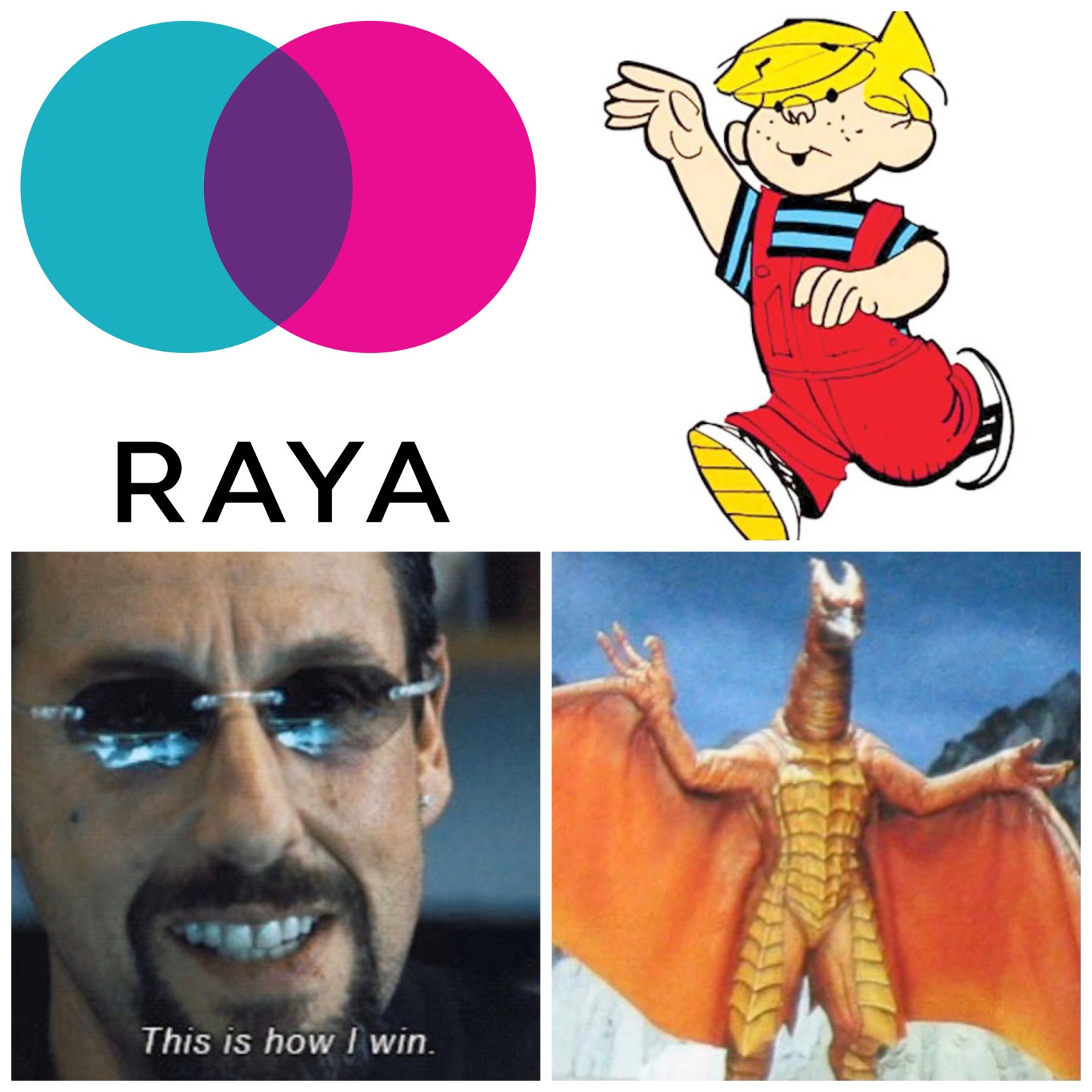 The dating app Raya, Dennis the Menace, Adam Sandler from Uncut Gems, and the kaiju Rodan.