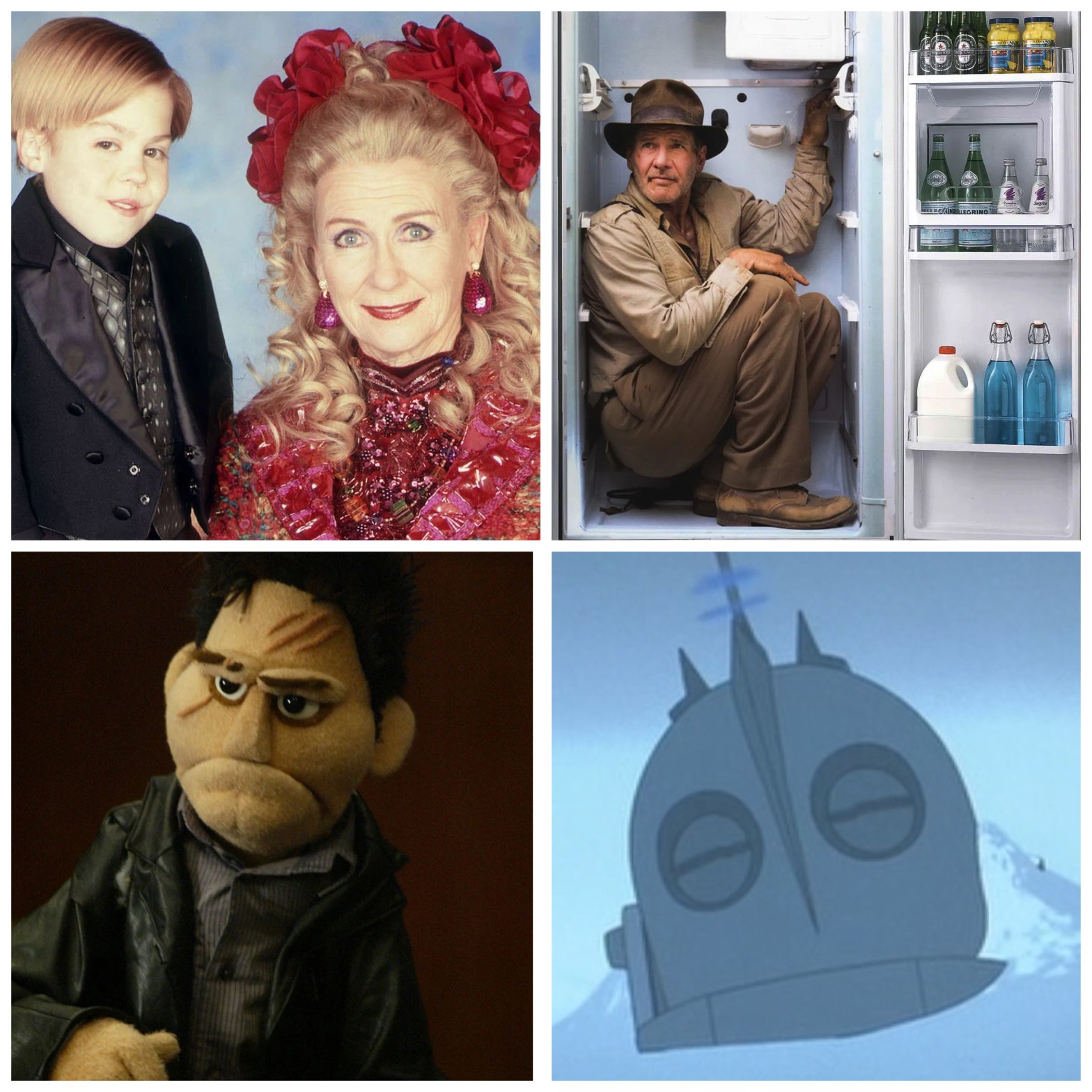 Joshua Ryan Evans in Passions, Harrison Ford in a refrigerator, an Angel puppet from “Smile Time,” and the Iron Giant.