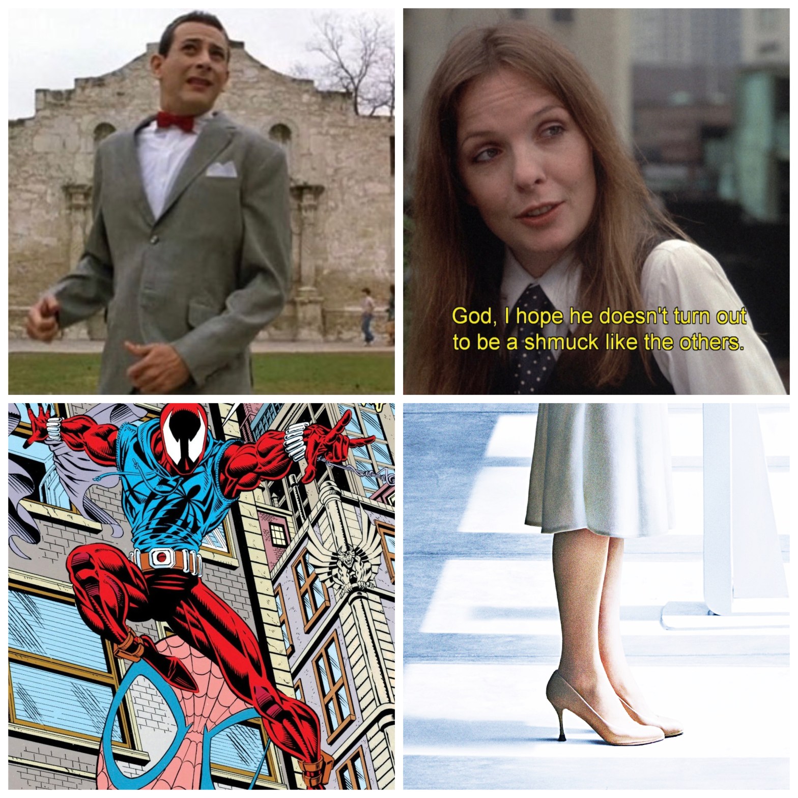 Pee-Wee Herman at the Alamo, subtitles in Annie Hall, Marvel's Ben Reilly, and Bryce Dallas Howard's heels from Jurassic World.