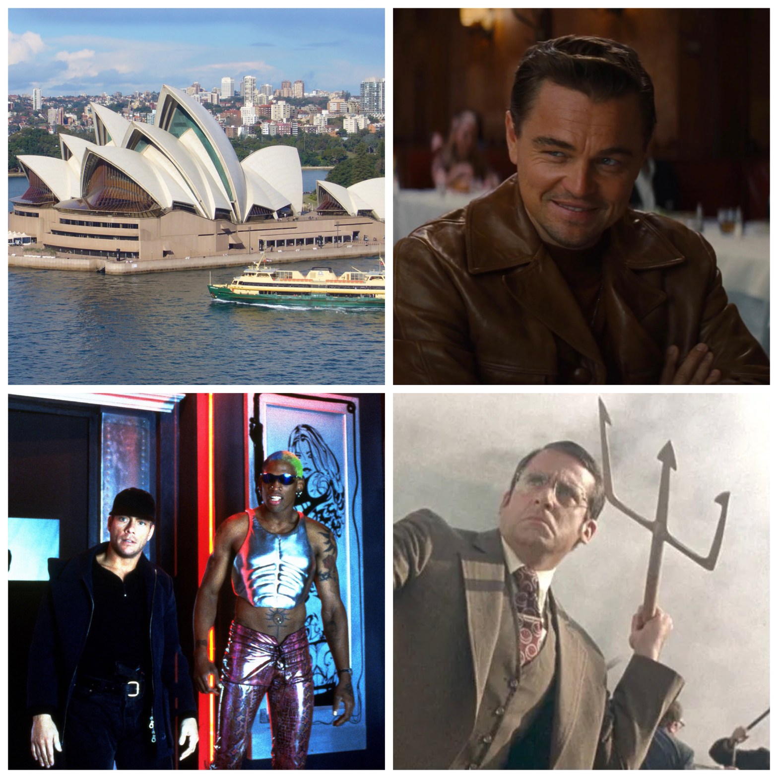 The Sydney Opera House, Leonardo DiCaprio in Once Upon A Time In Hollywood, JCVD and Dennis Rodman in Double Team, and Steve Carell in Anchorman.