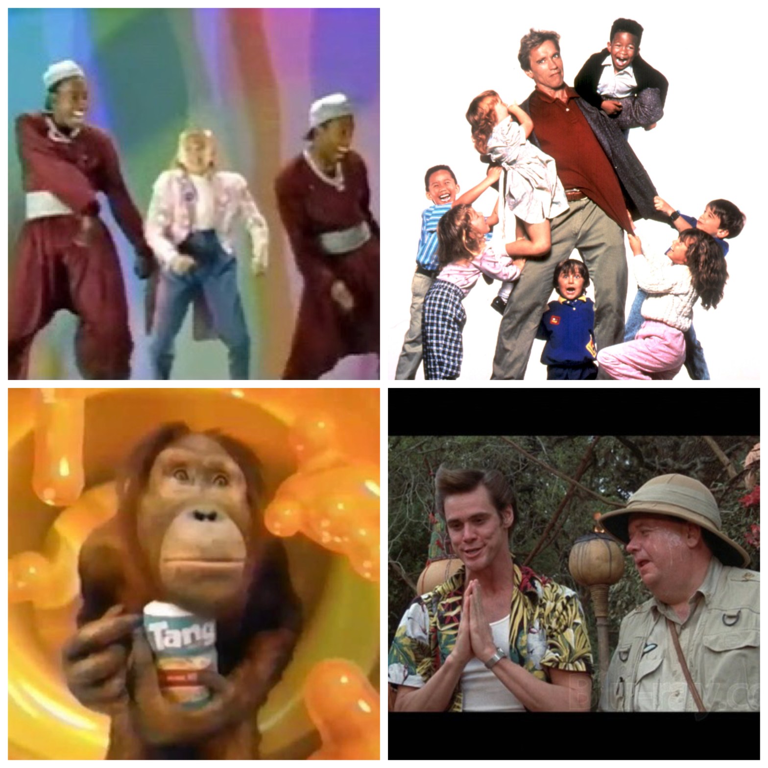 The intro from Disney's Adventures In Wonderland, Kindergarten Cop, the Tang monkey, and Ace Ventura: When Nature Calls.