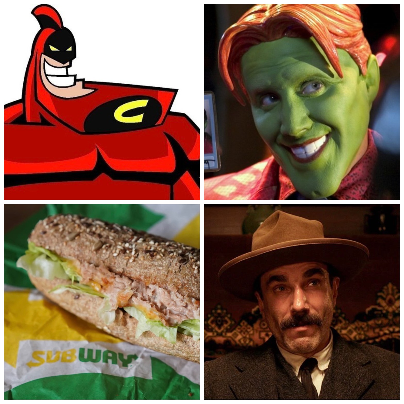 Jay Leno's Crimson Chin, Jamie Kennedy's Son of the Mask, Subway's "tuna" sandwich, and Daniel Day-Lewis in There Will Be Blood.