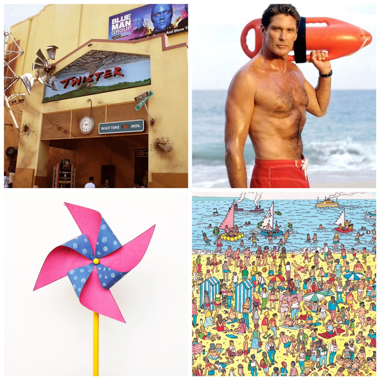 Twister - the attraction. David Hasselhoff shirtless. A pinwheel. And a Where's Waldo page.