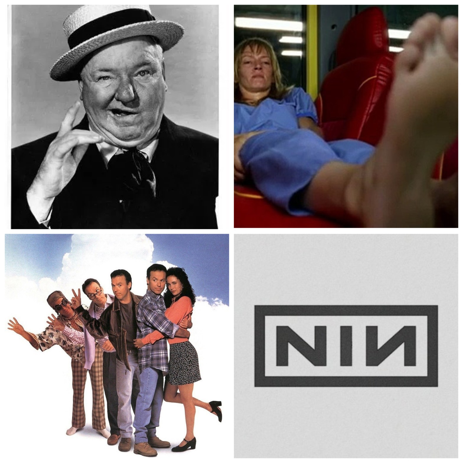 The comedian W. C. Fields, Uma Thurman's big toe in Kill Bill Vol. 1, Michael Keaton in Multiplicity, and the Nine Inch Nails logo.