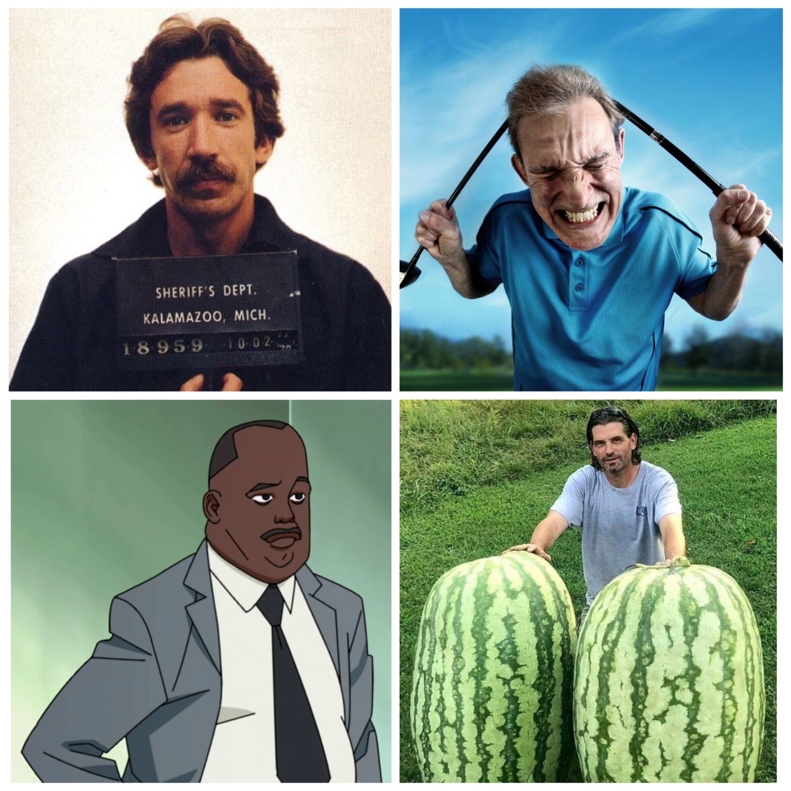 Tim Allen's mugshot, an angry golfer, Principal Winslow from Invincible, and two giant, smooth watermelons.