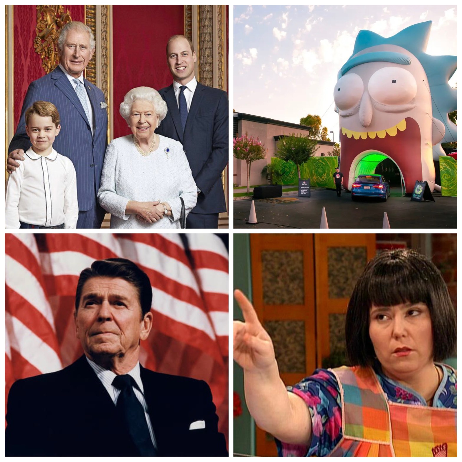 The British Royal Family, Rick and Morty at Wendy's, Ronald Reagan, and Mad TV's Ms. Swan.
