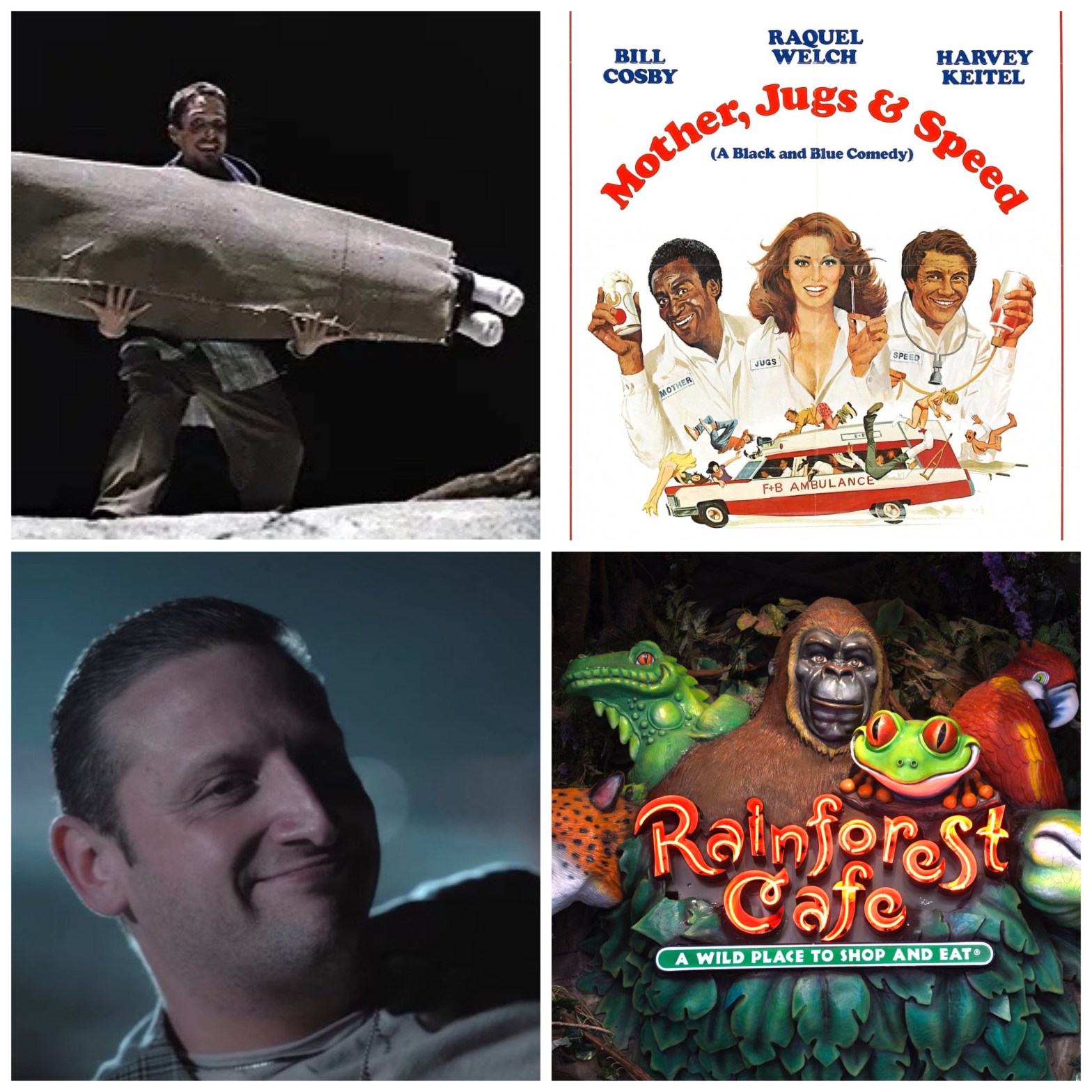 A dead body rolled up in a carpet; Mother, Jugs & Speed; some dirt bag with slicked back hair, and the Rainforest Cafe.