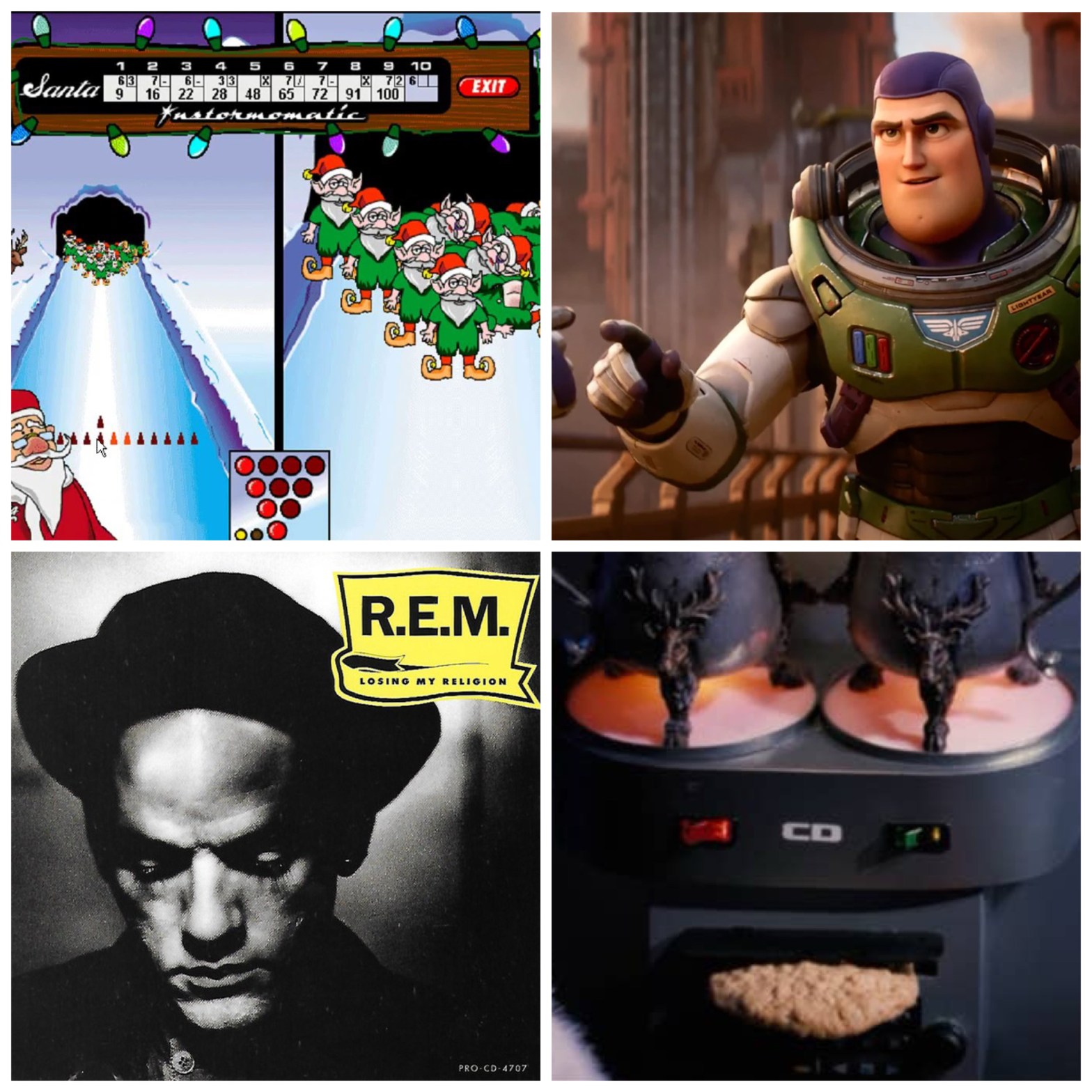Elf Bowling, Buzz Lightyear, R.E.M.'s Losing My Religion, and The Santa Clause's Compact Disc.
