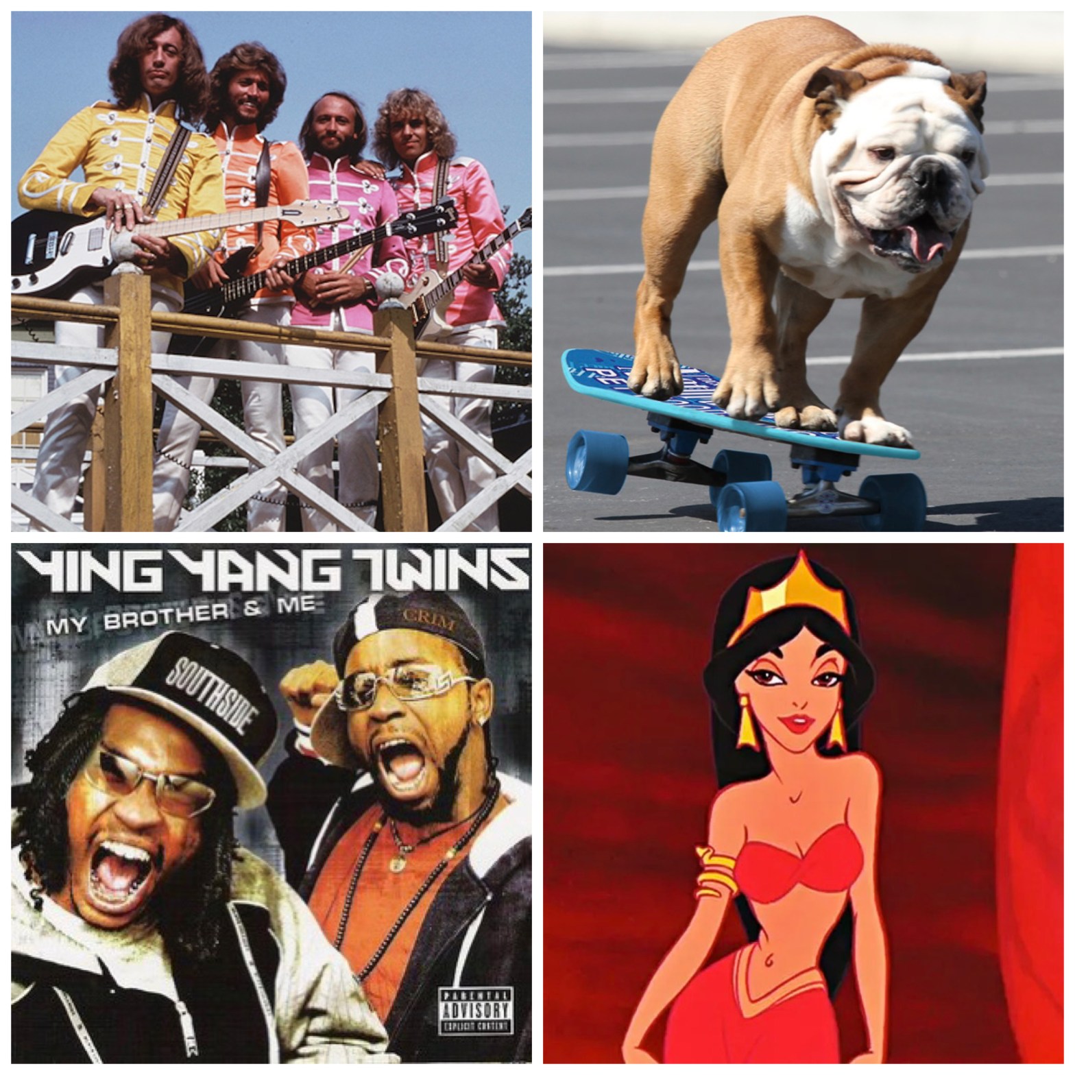 Peter Frampton and The Bee Gees in Sgt. Pepper's Lonely Hearts Club Band, a skateboarding dog, The Ying Yang Twins, and Jasmine's red outfit.