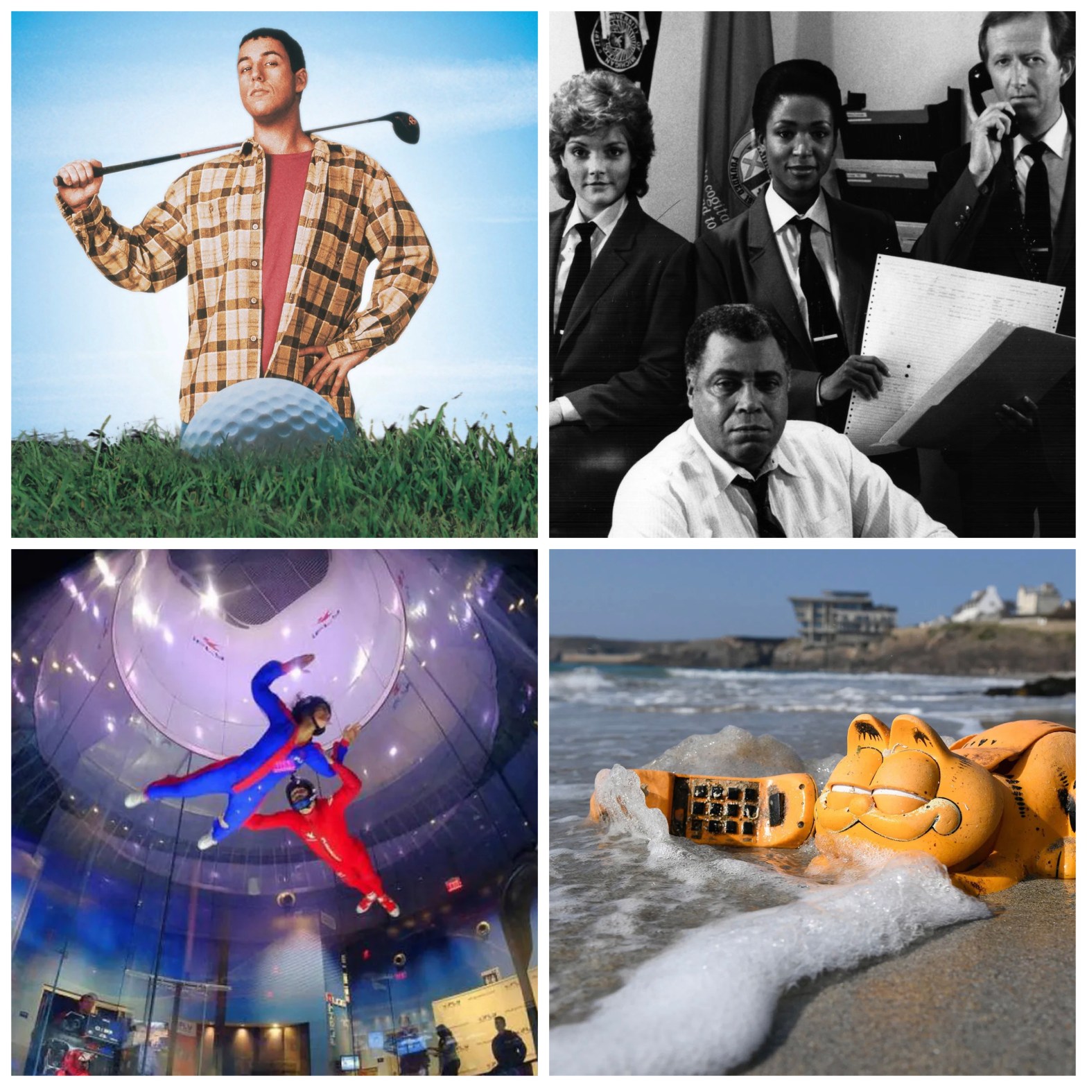 Adam Sandler's Happy Gilmore, James Earl Jones in Mathnet, indoor skydiving, and a Garfield phone on the beach.