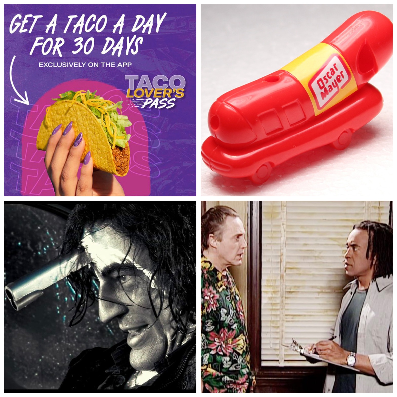 The Taco Lover's Pass from Taco Bell, the Oscar Mayer Weenie Whistle, Benicio del Toro in Sin City, and Christopher Walken and Tim Meadows in The Census sketch from SNL.
