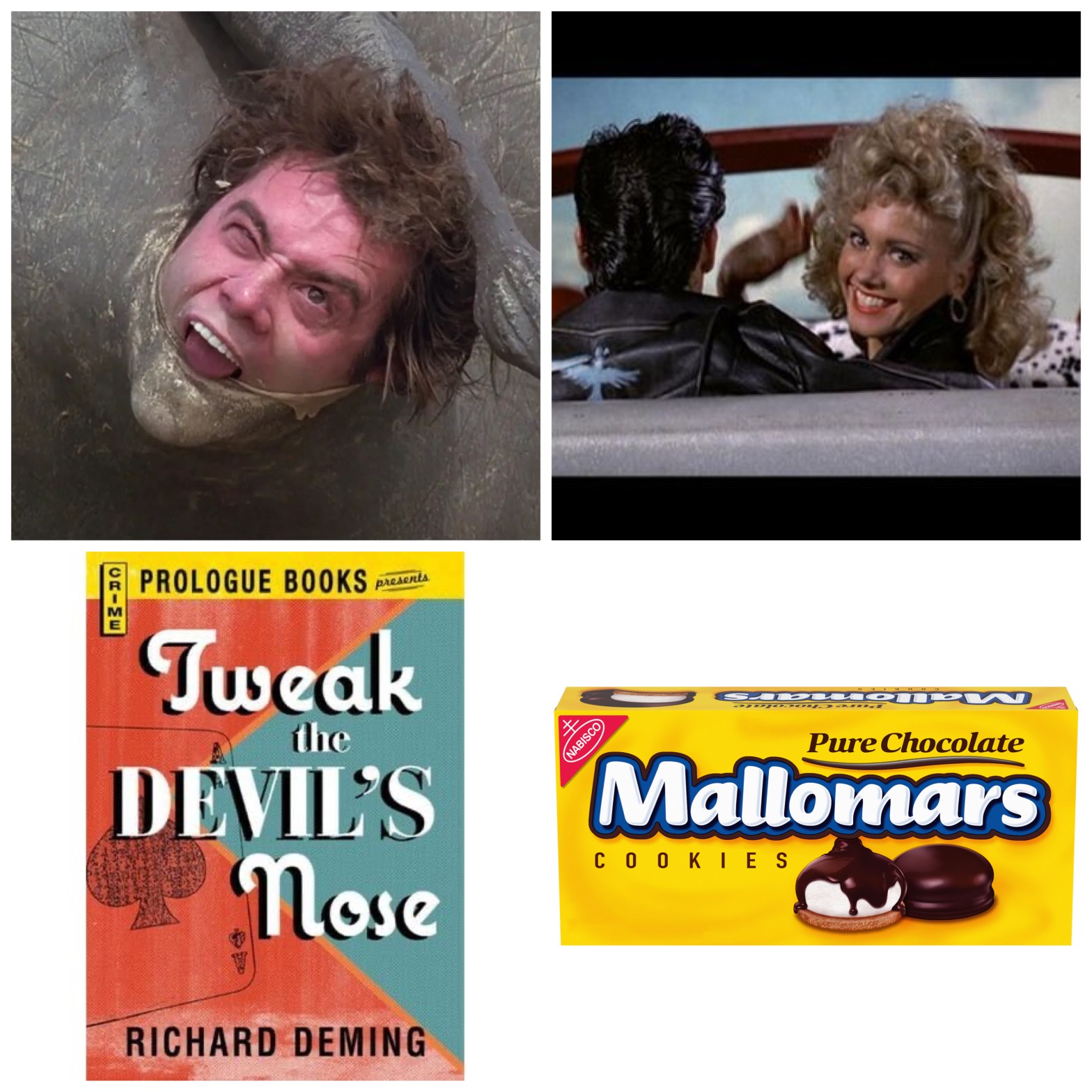 Jim Carrey in Ace Ventura: When Nature Calls, the flying car in Grease, Tweak the Devil's Nose, and a package of Mallomars.