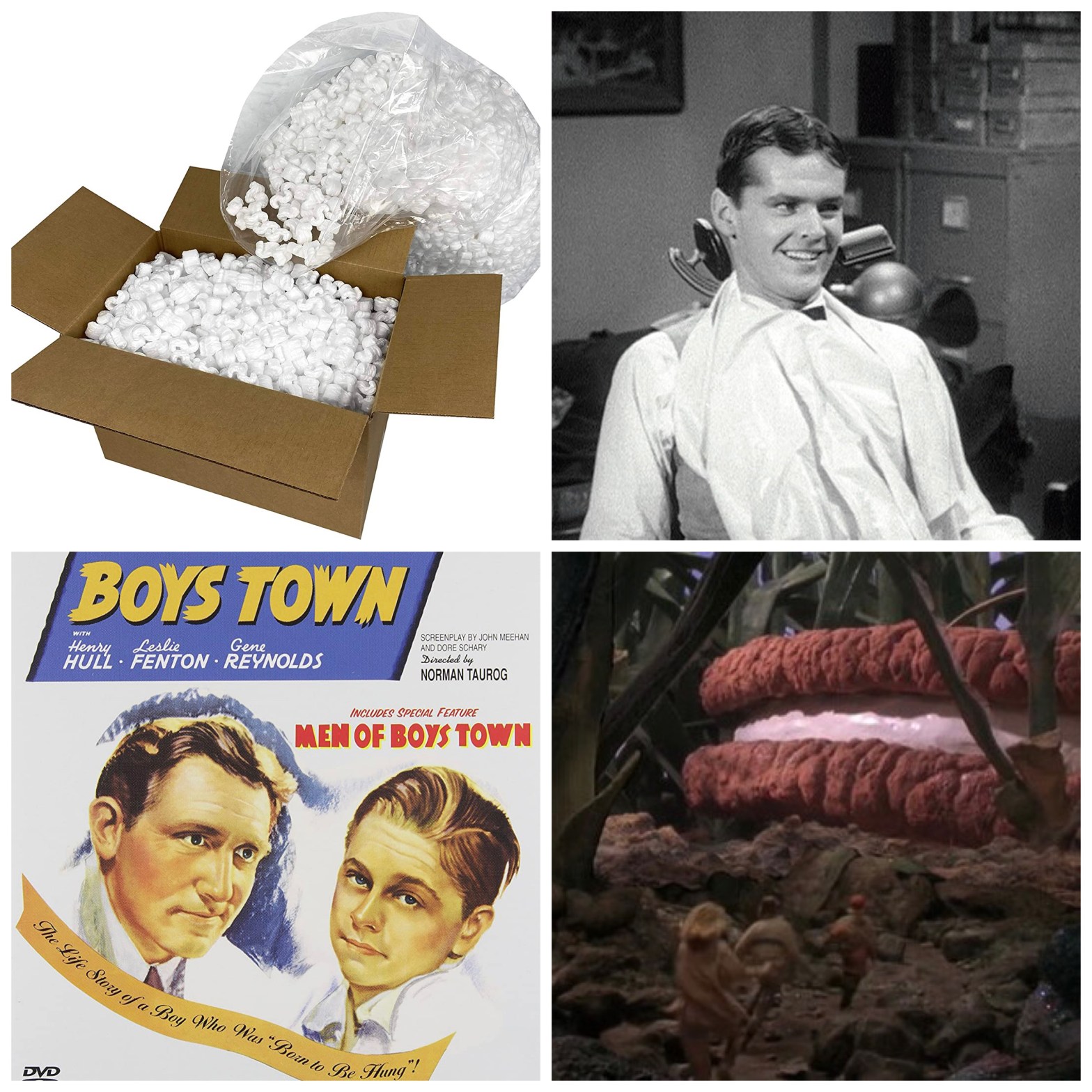 Packing peanuts, Jack Nicholson in The Little Shop of Horrors, Boys Town, and a giant Oatmeal Creme Pie from Honey, I Shrunk The Kids.