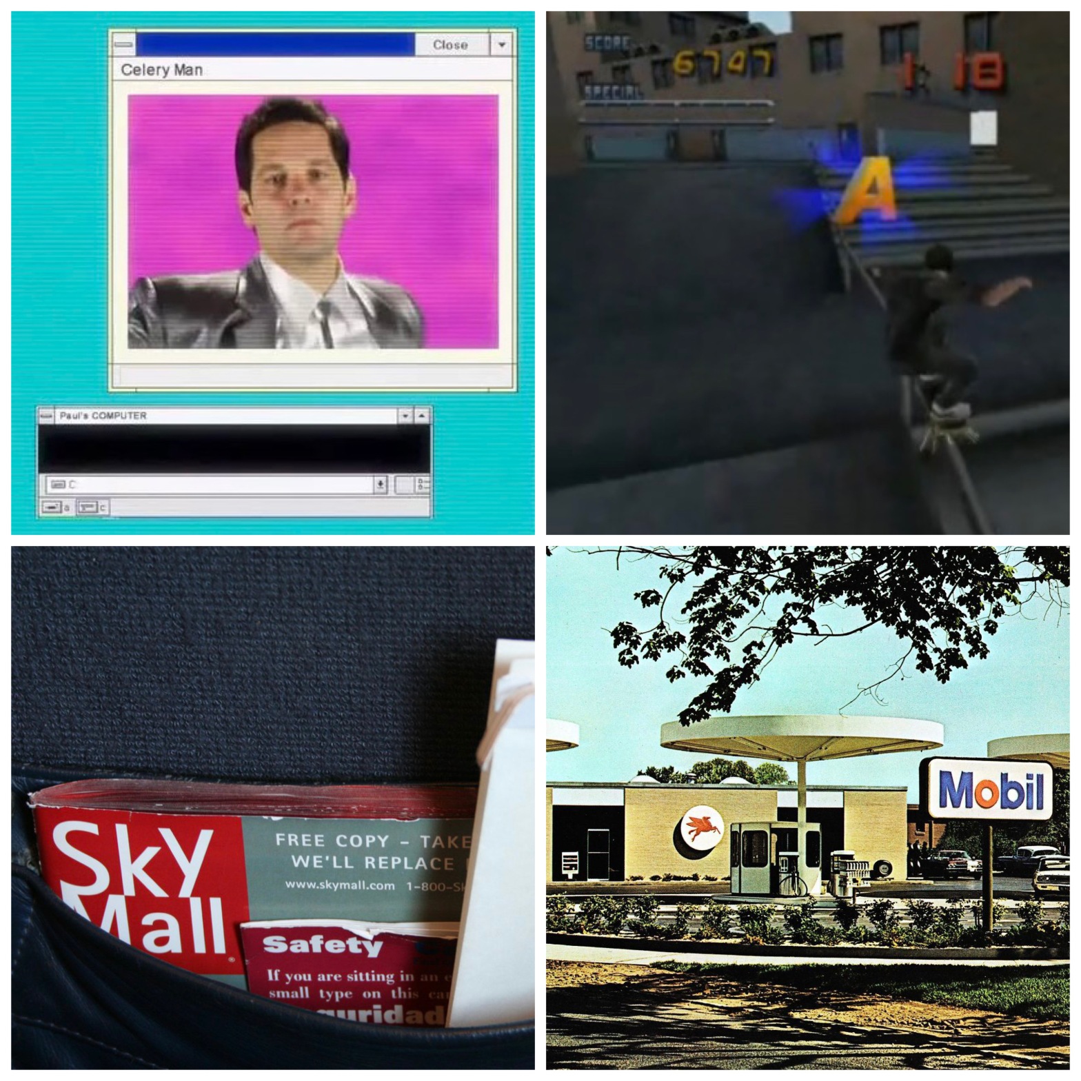 Paul Rudd as Celery Man, collecting S-K-A-T-E in Tony Hawk's Pro Skater, Sky Mall, and a Mobil gas station.