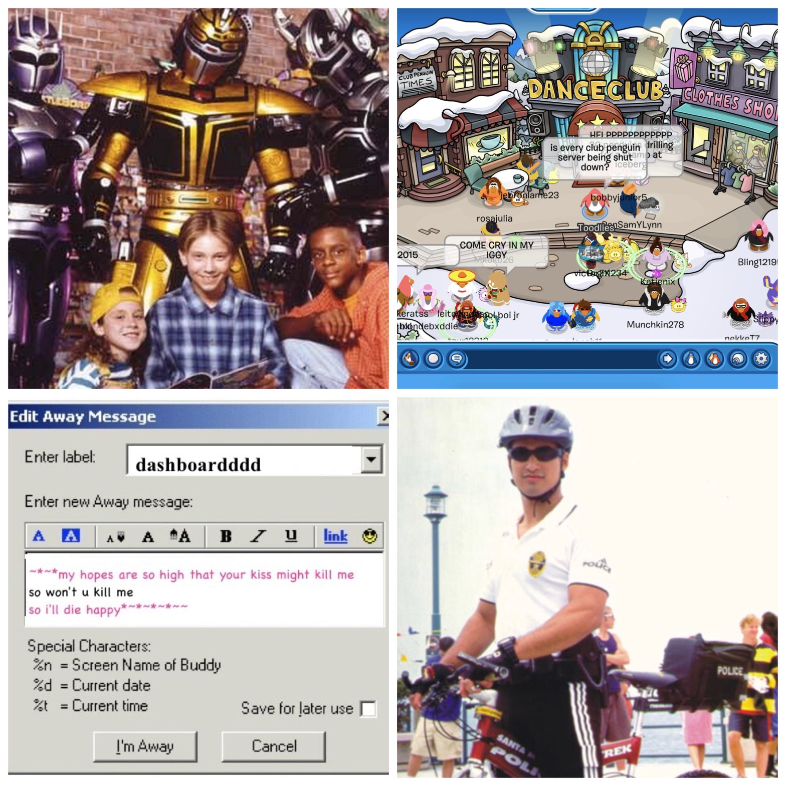 The Big Bad Beetleborgs TV show, Club Penguin, an AIM Away Message, and Mario Lopez in Pacific Blue.