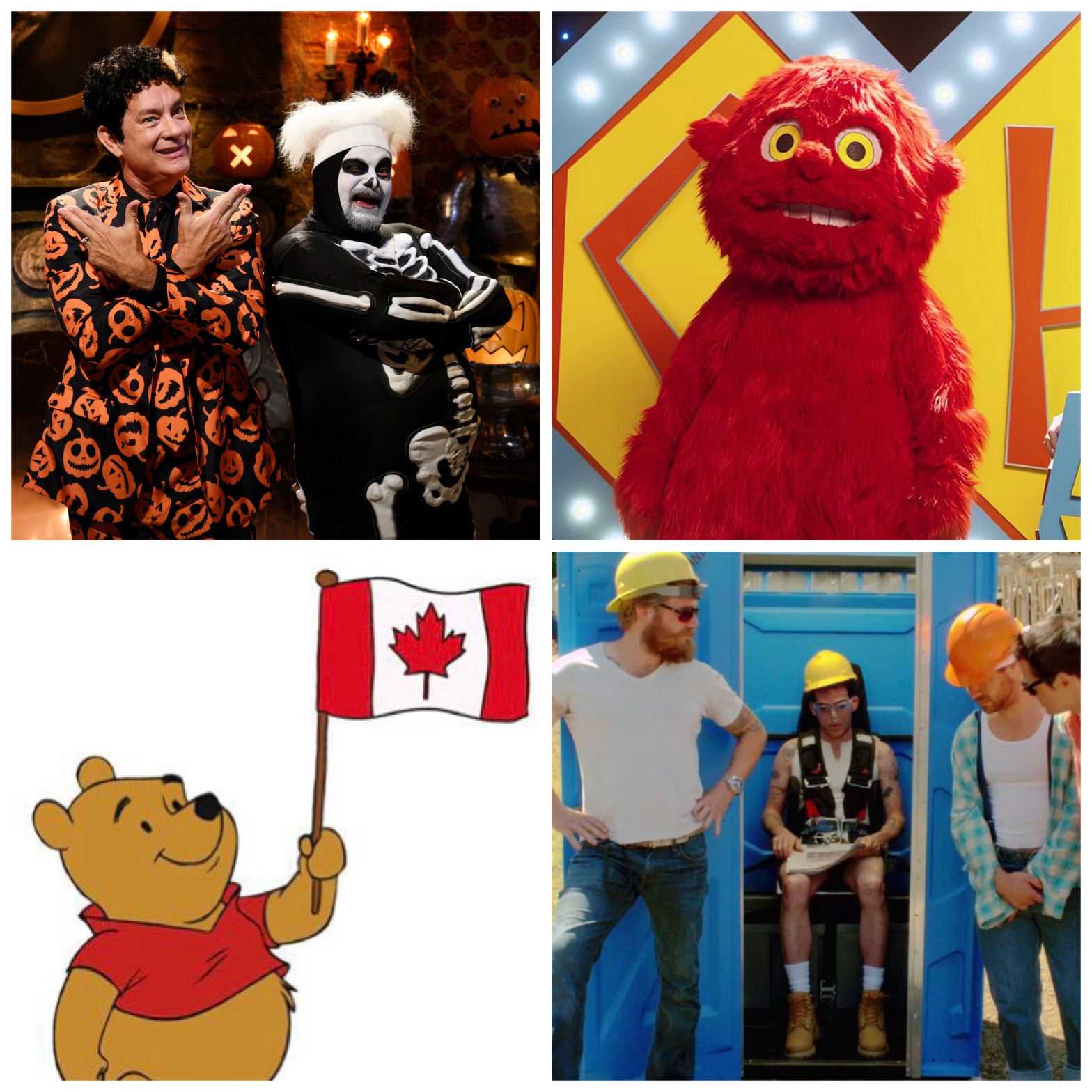 David S. Pumpkins, Chunky, Winnie the Pooh with a Canadian flag, and the Jackass porta potty.