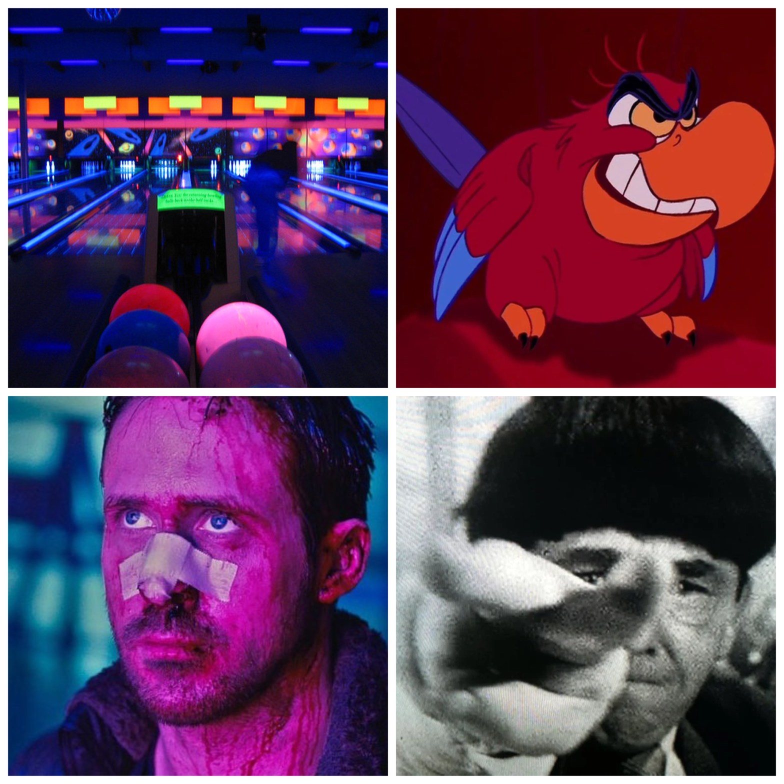 Neon bowling, Iago from Aladdin, Blade Runner 2049, and The Three Stooges.