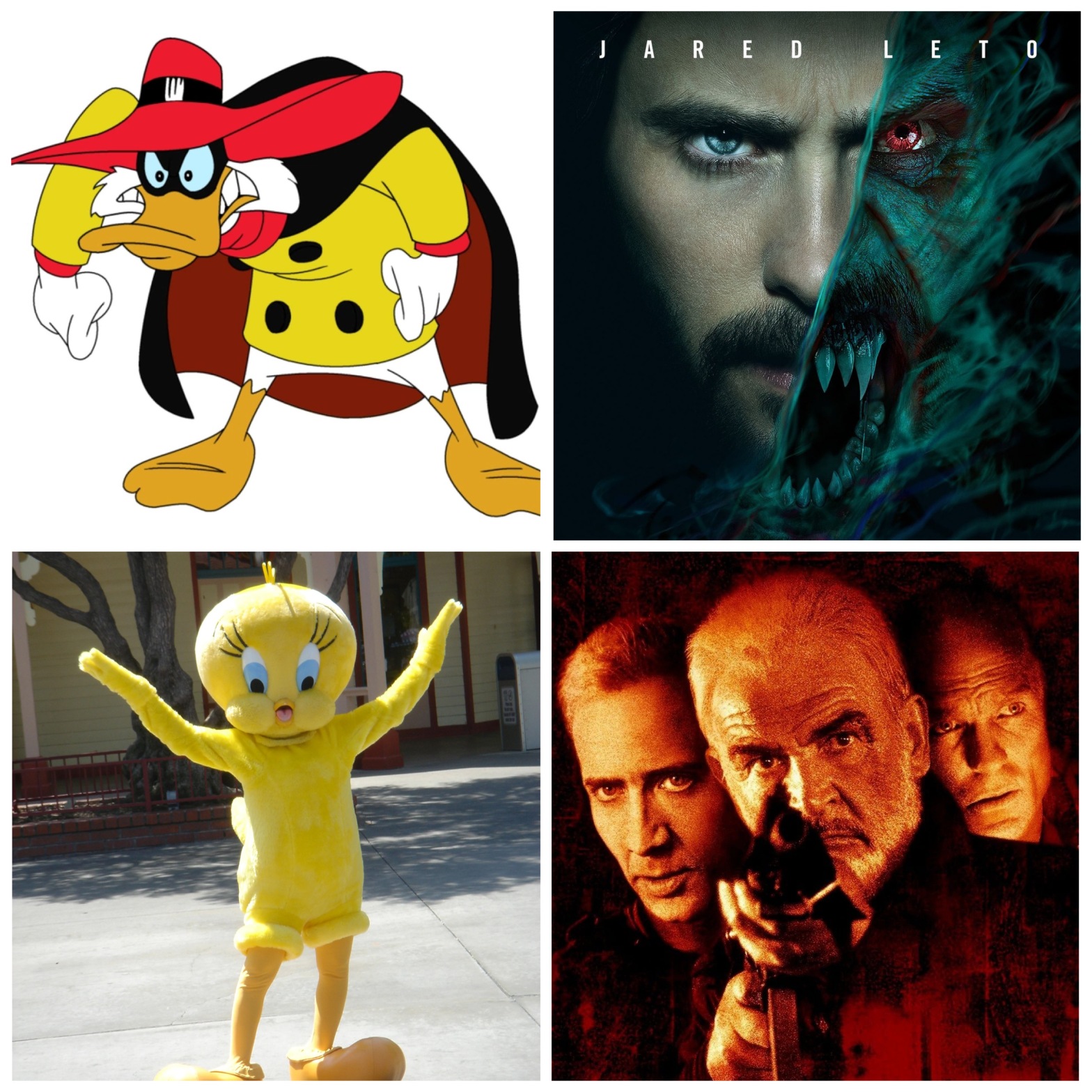 Negaduck from Darkwing Duck, the Morbius movie, a Tweety costume, and Michael Bay's The Rock.