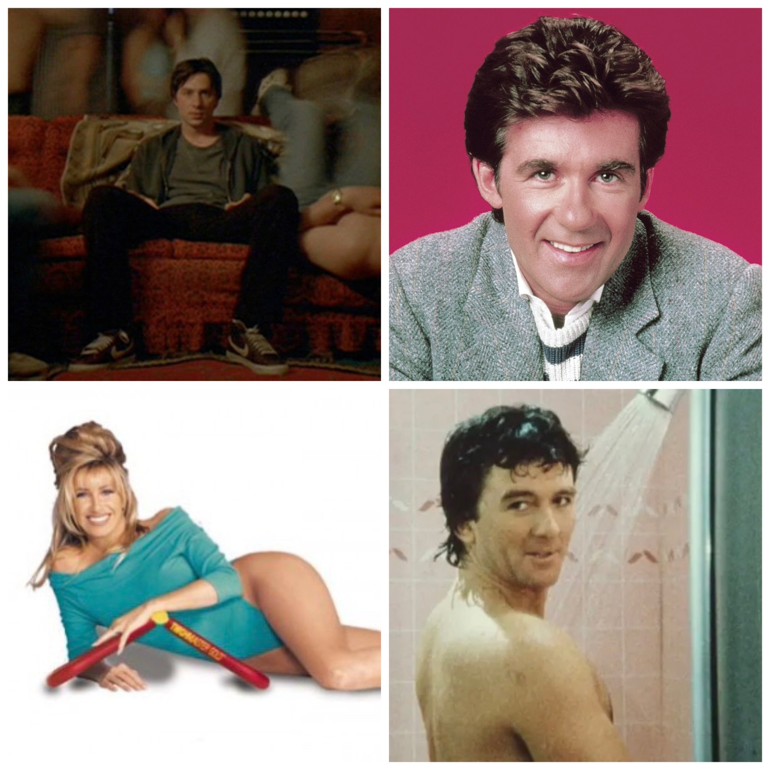 The party scene from Garden State, Alan Thicke, Suzanne Somers with the Thighmaster, and Patrick Duffy in Dallas.