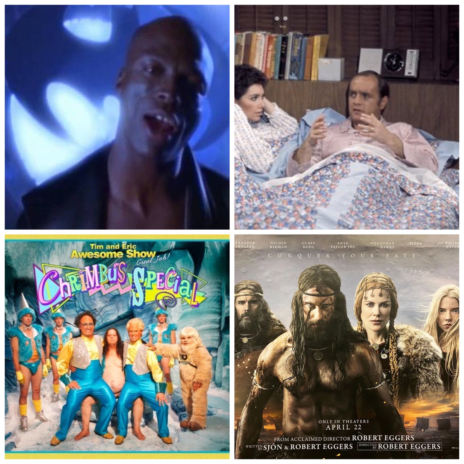 Seal singing Kiss From A Rose in front of the Batsignal, Bob Newhart in Newhart, Tim and Eric's Chrimbus Special, and a titleless poster for The Northman.