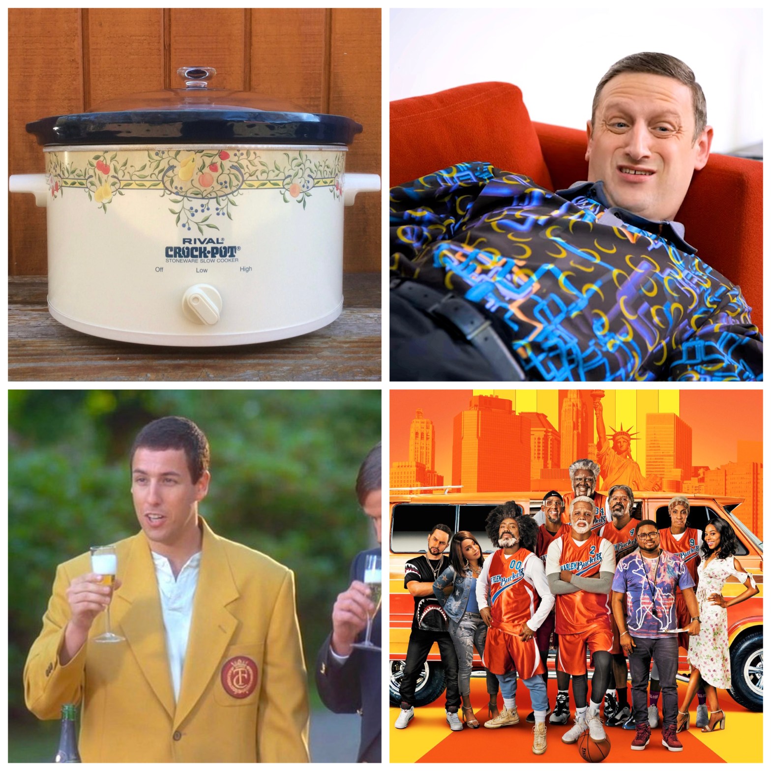 A Crockpot, a shirt from Dan Flashes, Happy Gilmore in a gold jacket, and the Uncle Drew movie.