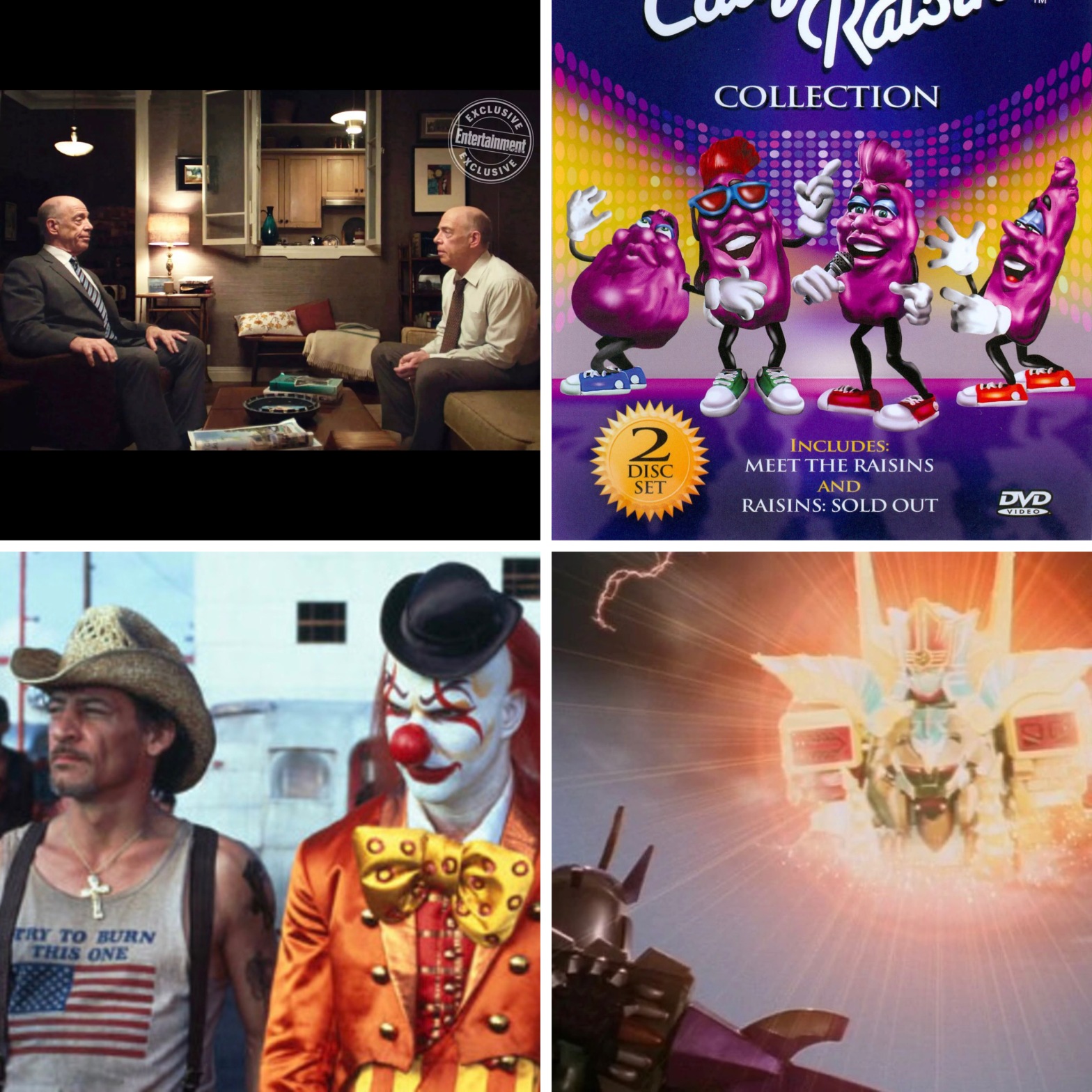 J.K. Simmons in Counterpart, a California Raisins DVD, Jim Varney in Wilder Napalm, and Animus from Power Rangers.