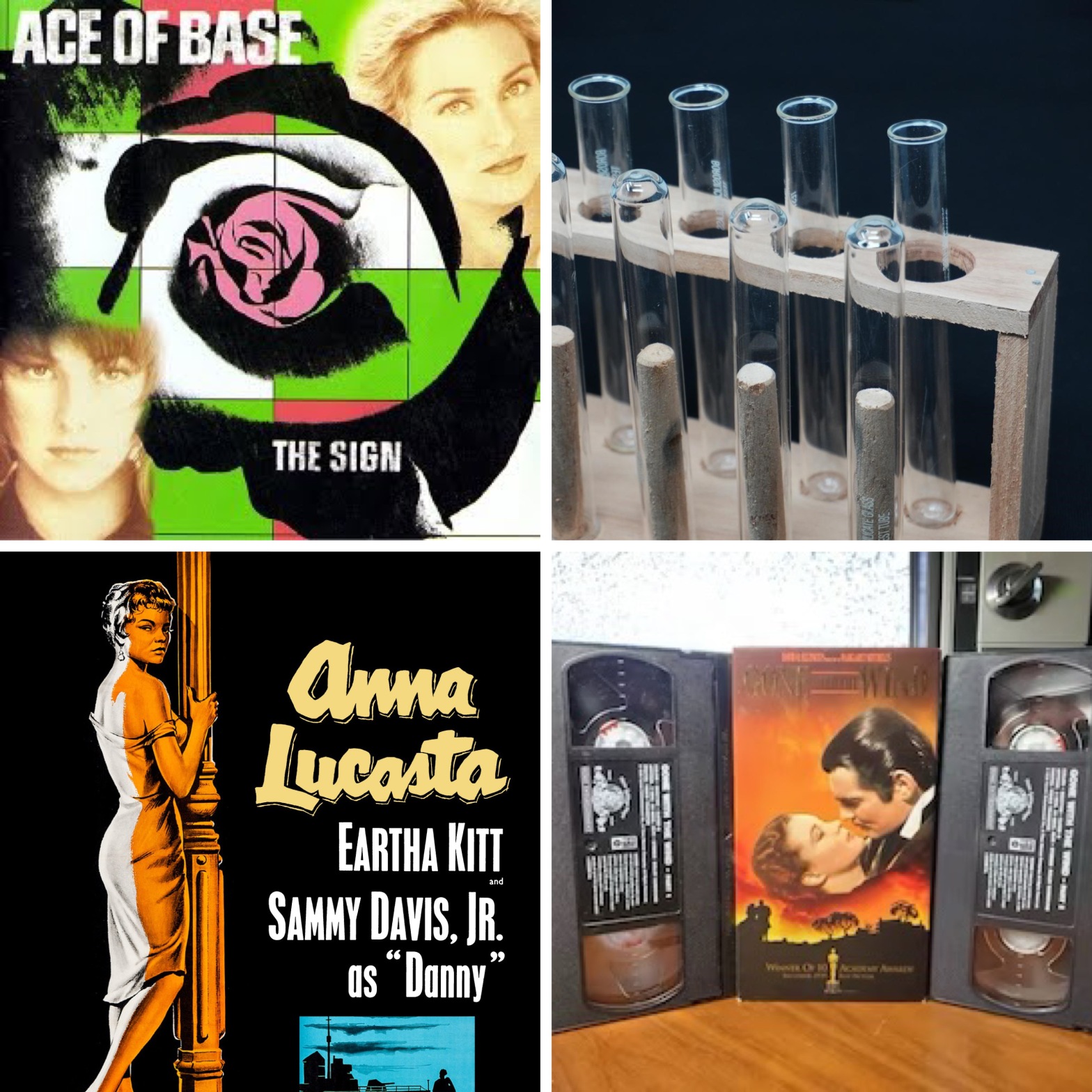 Ace of Base's The Sign, test tubes, Anna Lucasta, and the Gone With The Wind VHS boxset.