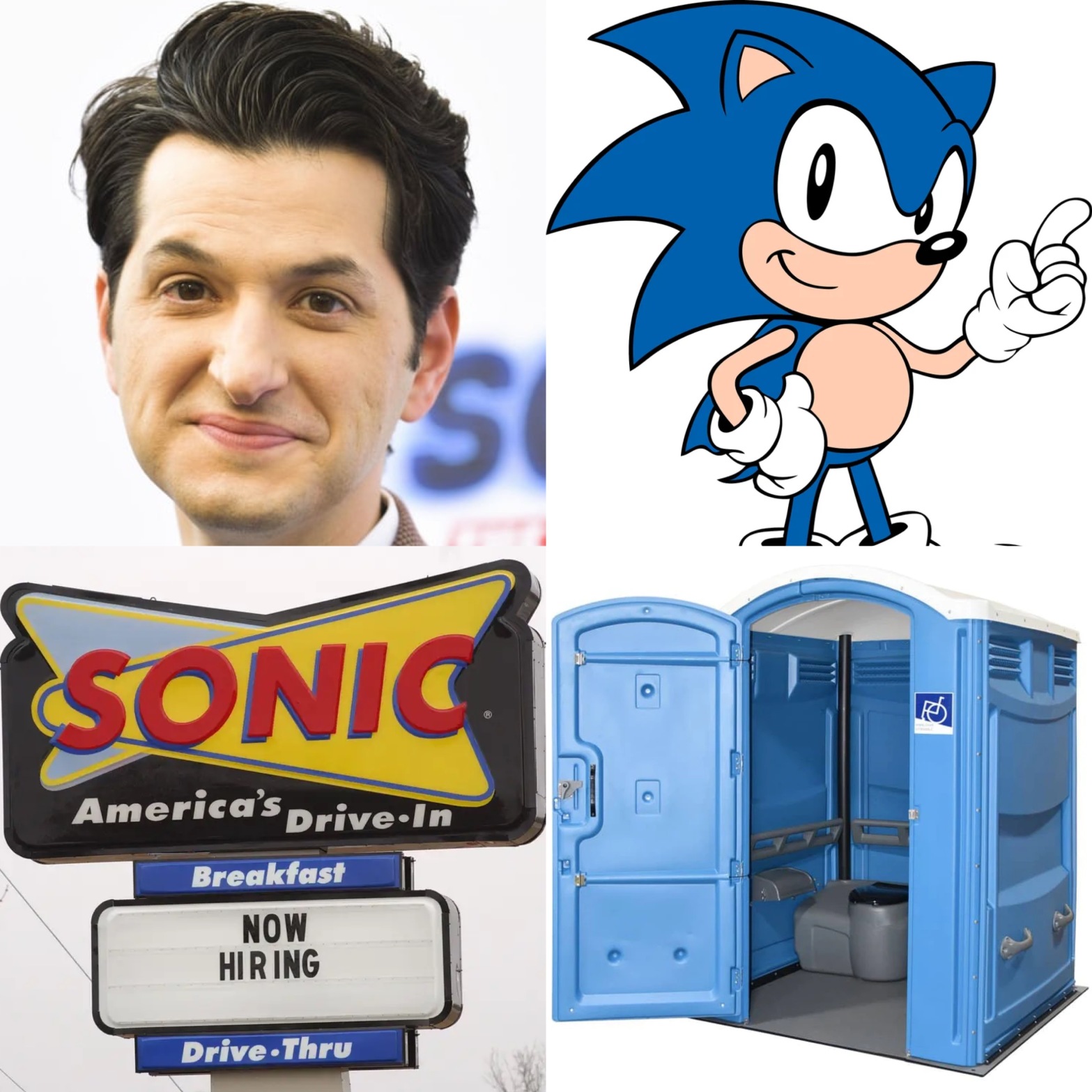 a four-picture collage of ben schwartz, sonic the hedgehog, sonic america's drive-in, and a blue port a potty