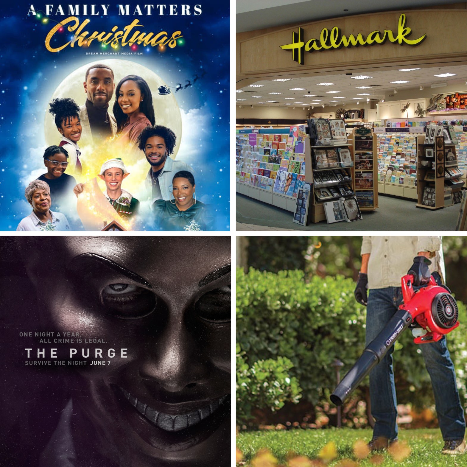 A Family Matters Christmas movie, a Hallmark store, The Purge, and a leaf blower.