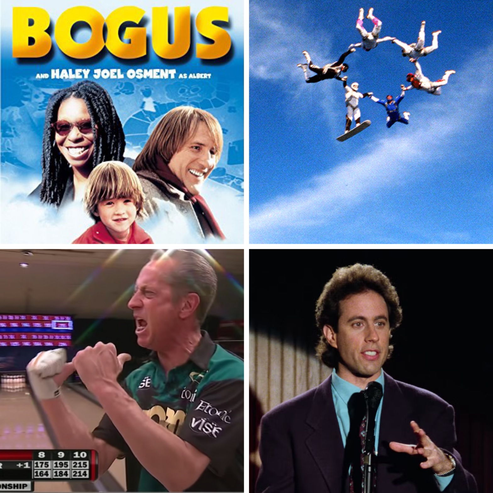The movie poster for Bogus, the Power Rangers sky diving scene, an excited bowler, and Jerry Seinfeld.