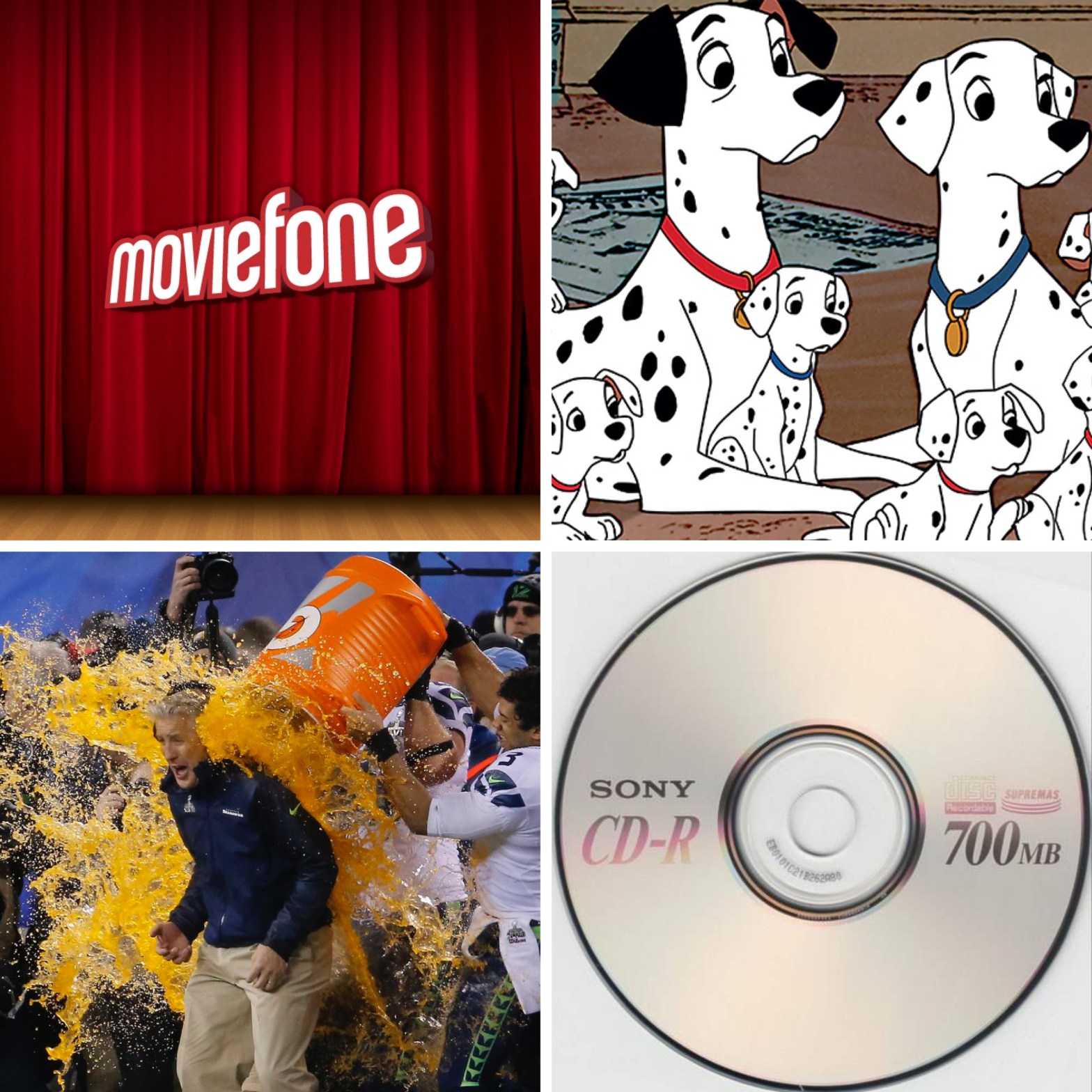 The moviefone logo, 101 Dalmations, a gatorade shower, and a CD-R.