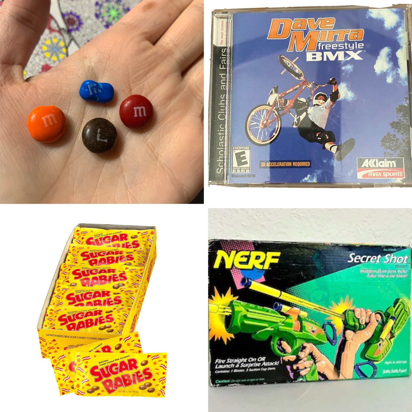 Some misprinted M&M's, the Dave Mirra Freestyle BMX game, a box of Sugar Babies, and the Nerf Secret Shot.