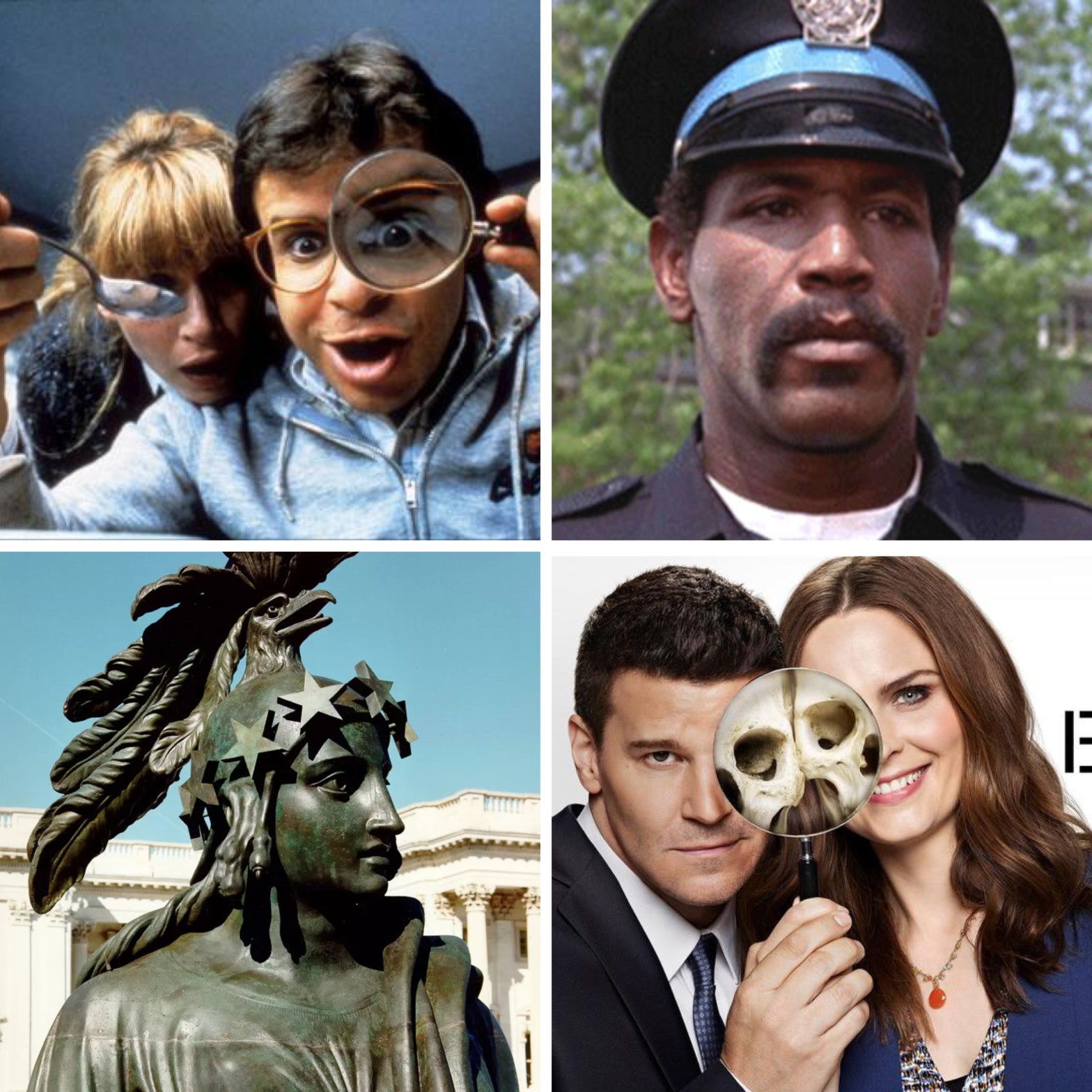 A magnifying glass from Honey I Shrunk the Kids, Moses Hightower from Police Academy, the Statue of Freedom, and a magnifying glass from Bones.