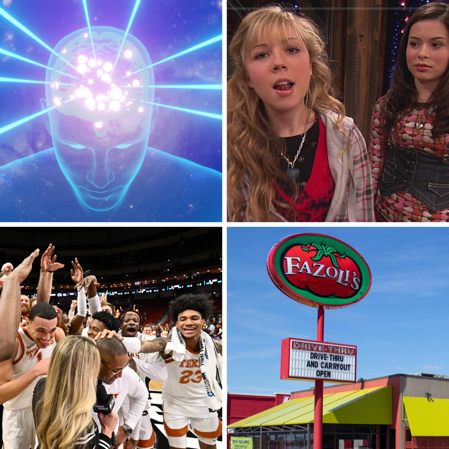 The Galaxy Brain meme, Jennette McCurdy and Miranda Cosgrove in iCarly, UT Men's Basketball during March Madness, and the "Italian" food chain Fazoli's.