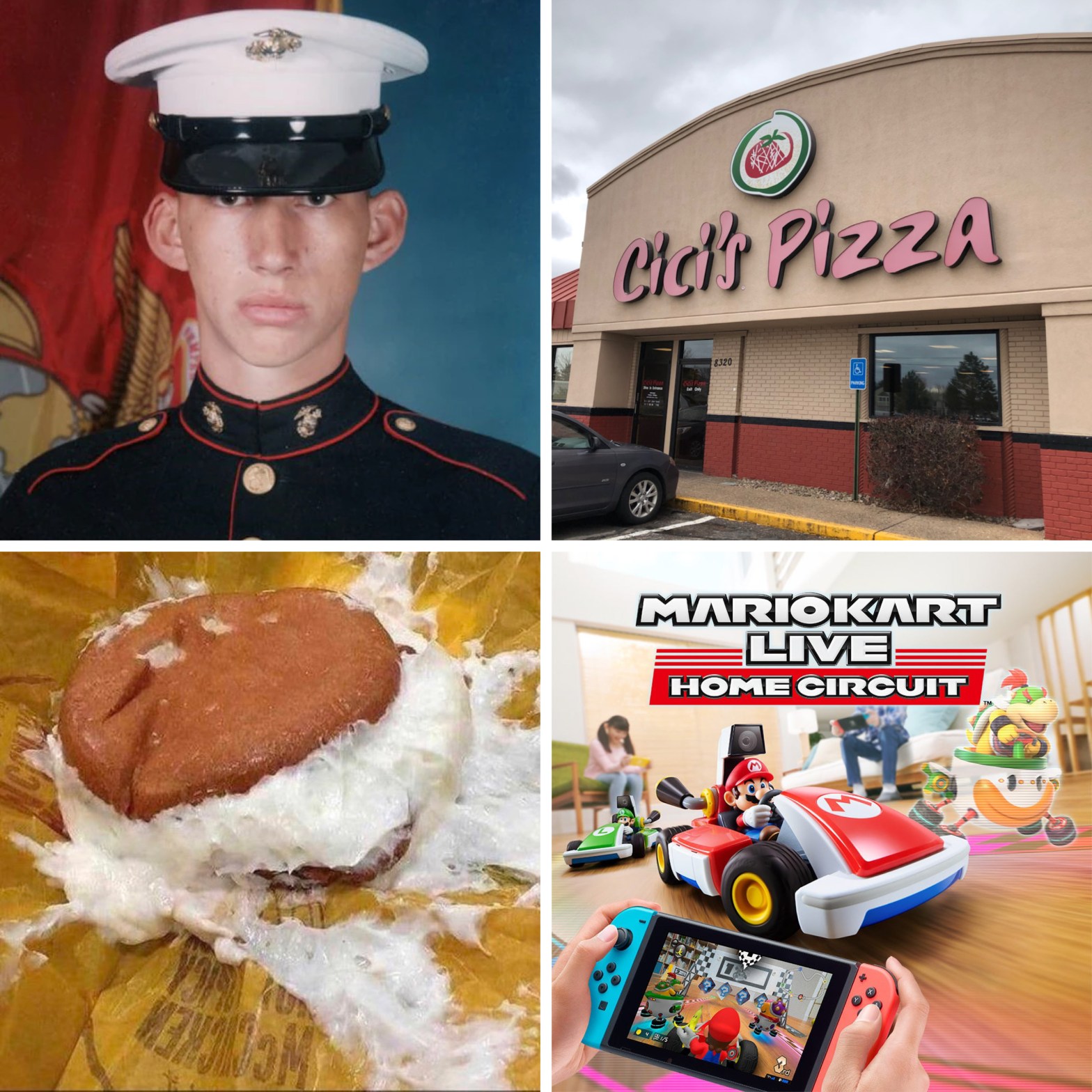 Adam Driver's military photo, a Cici's Pizza, a McMayo sandwich, and Mario Kart Live: Home Circuit.