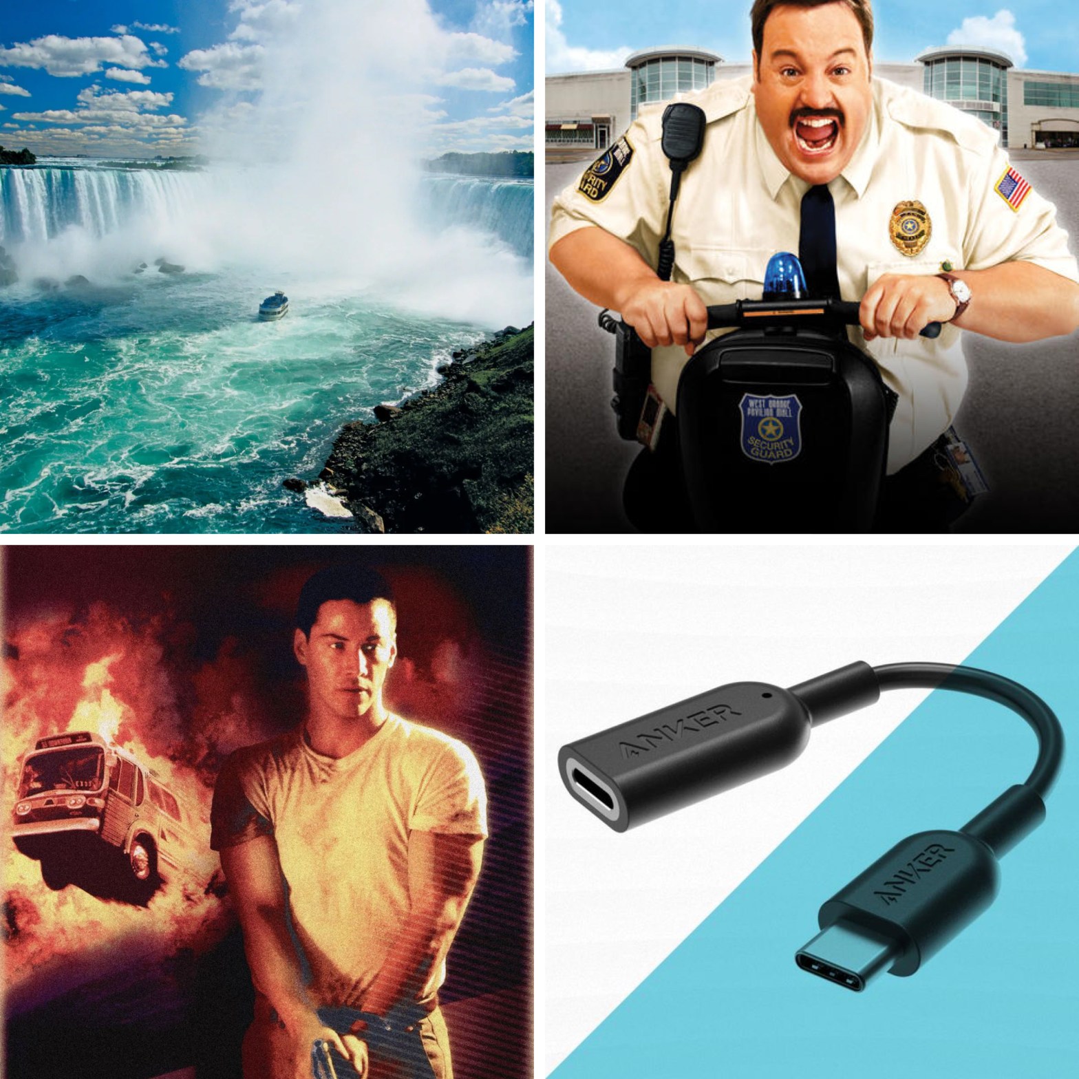 Niagara Falls, Paul Blart the mall cop, a burning bus from the movie Speed, and a usb-c/lightning cable adaptor.