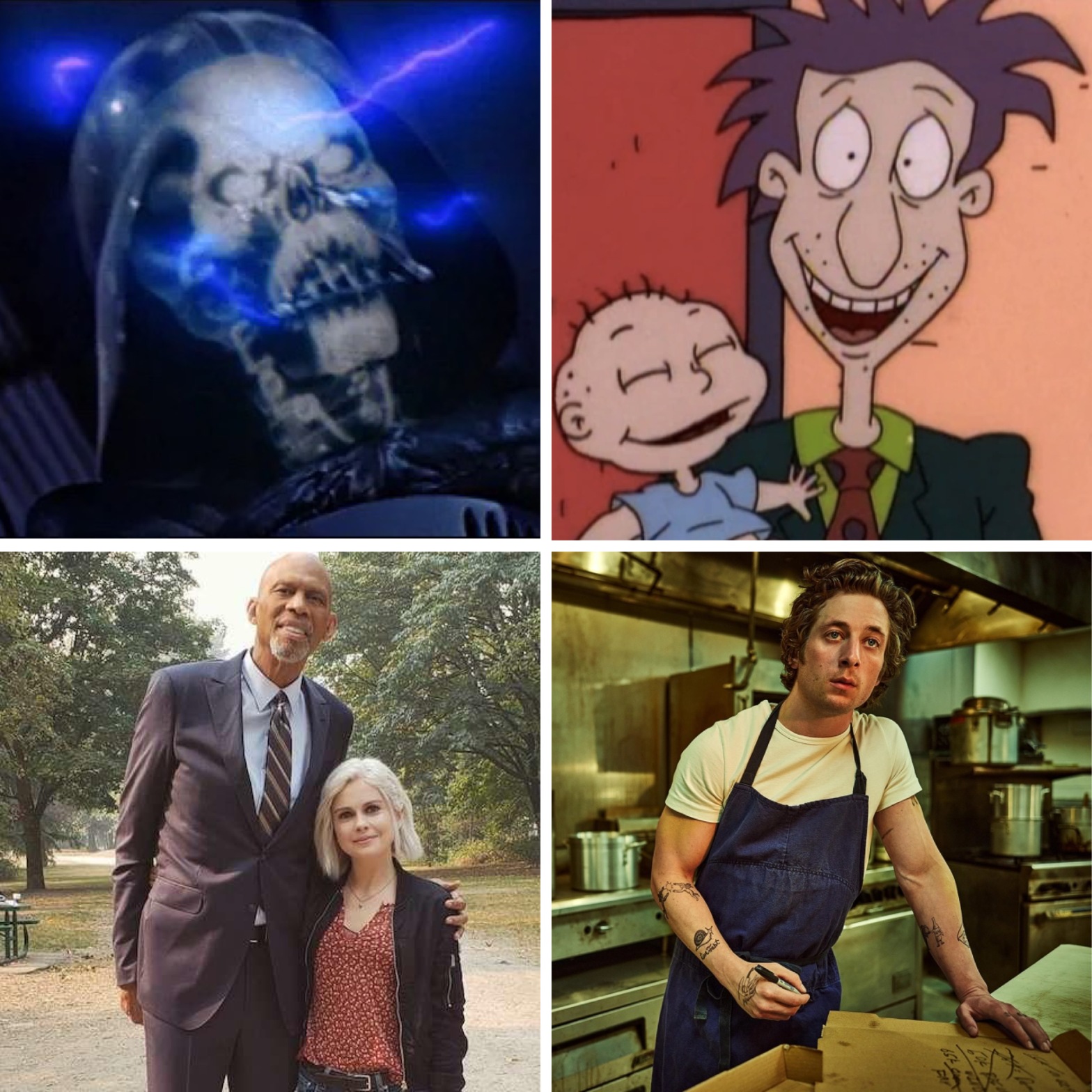 Darth Vader getting electrocuted, Stu Pickles from Rugrats, Kareem Abdul-Jabbar in an episode of iZombie, and Jeremy Allen White in The Bear.