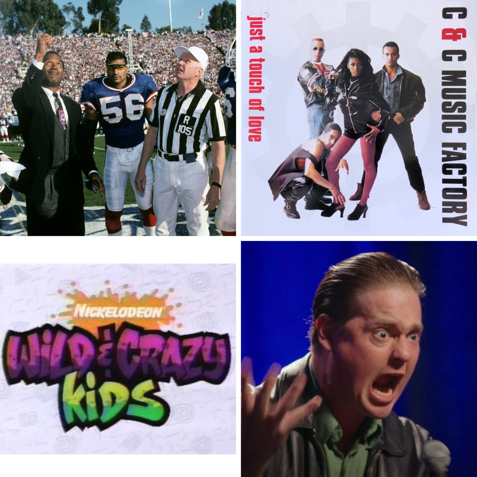O.J. Simpson performing the coin toss at Super Bowl XXVII, an album cover from C&C Music Factory, the logo to Nickelodeon's Wild & Crazy Kids, and Tim Heidecker's stand-up comedian character.