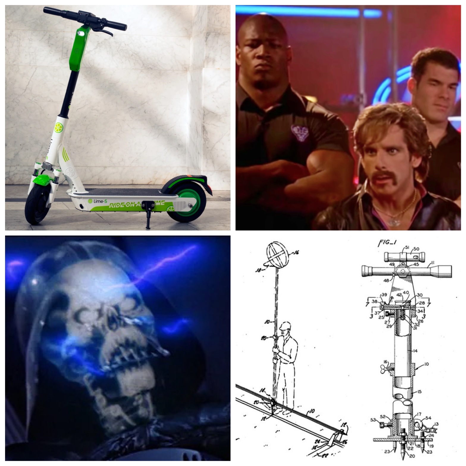 A Lime scooter. Globo Gym's team from Dodgeball. Darth Vader getting hit by Force lightning. The patent application for a Dicker Rod.