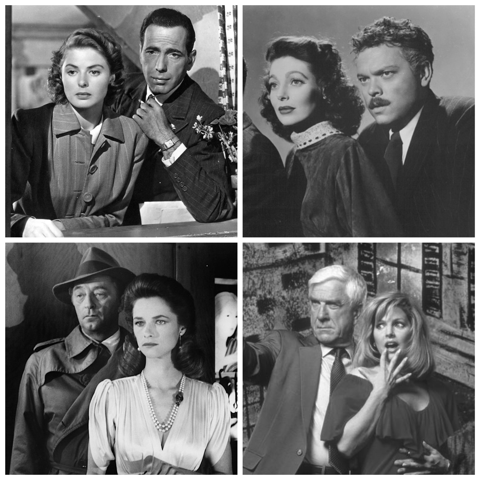 The male and female lead from Casablanca. The male and female lead from The Stranger. The male and female lead from Farewell My Lovely. The male and female lead from Naked Gun.