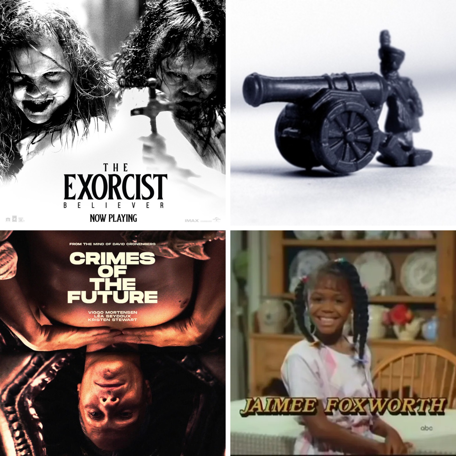 The Exorcist: Believer, a cannon from the board game Risk, David Cronenberg's Crimes of the Future, and Jaimee Foxworth as Judy Winslow.
