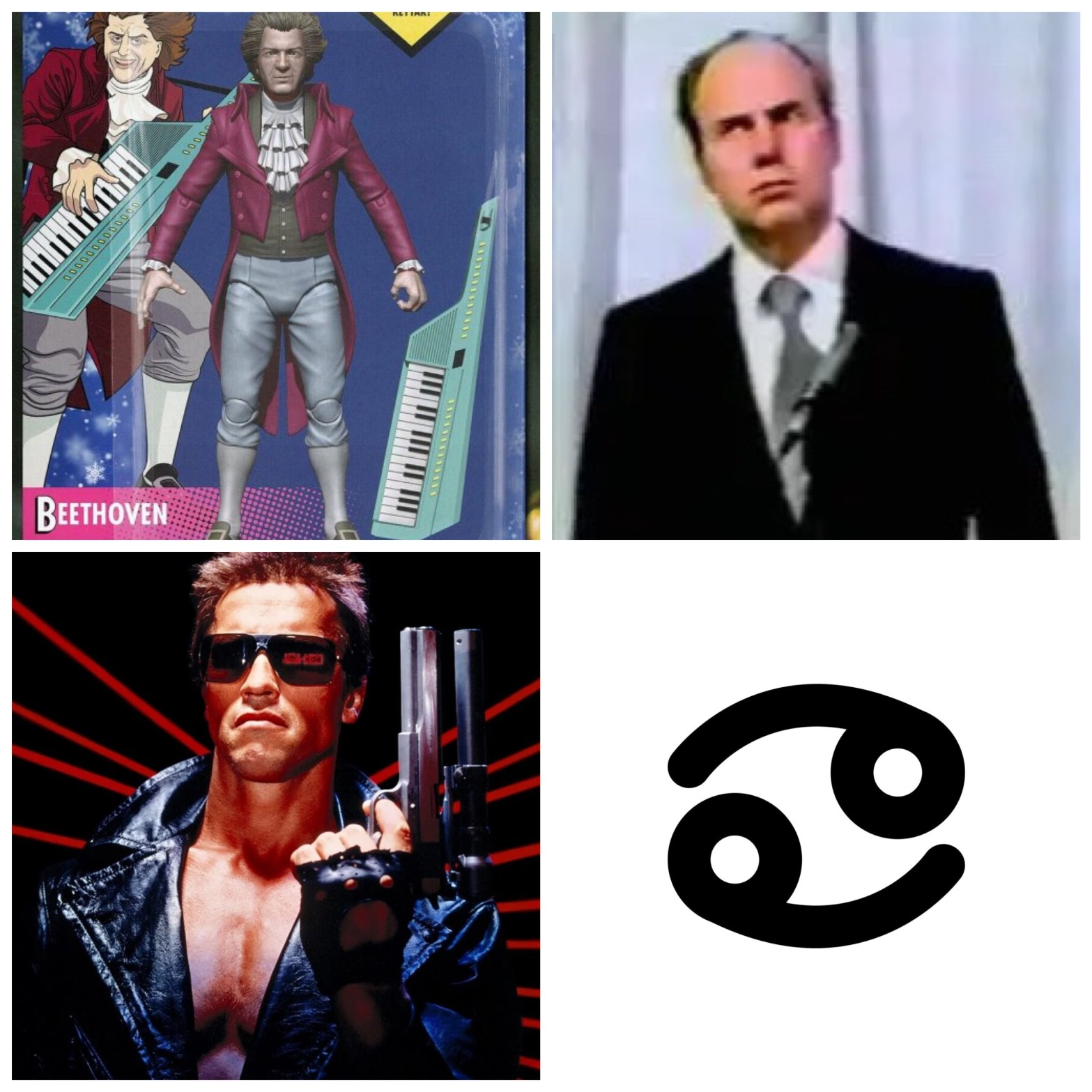 Beethoven as an action figure. John Daker as John Daker. Arnold Schwarzenegger as the Terminator. And the Cancer sign as a 69.
